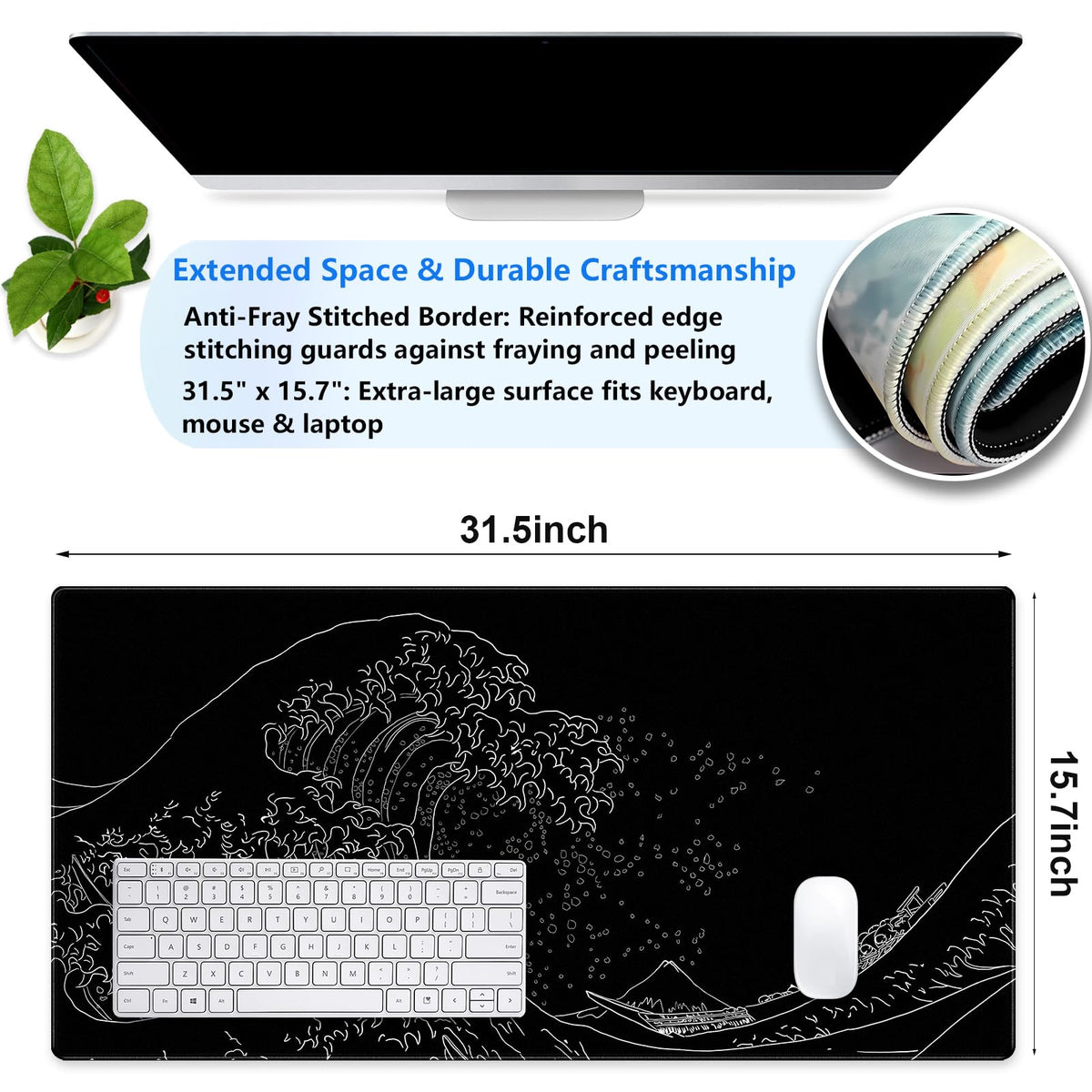 Cindasun Great Wave Desk Mat, Black White Line Art Large Gaming Mousepad