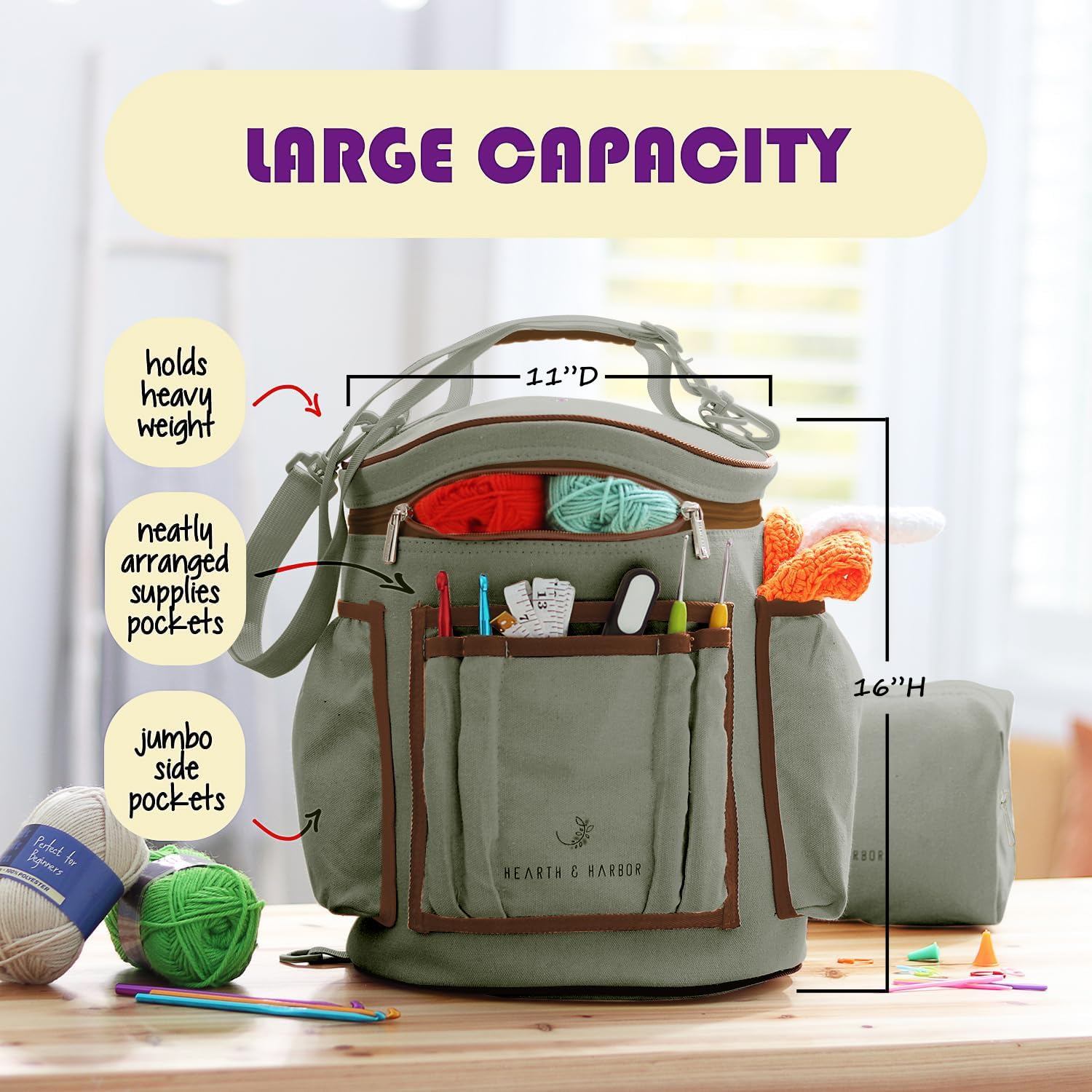 Hearth & Harbor Crochet Bag Organizer – Durable Knitting Bag, Yarn Organizer for Accessories and