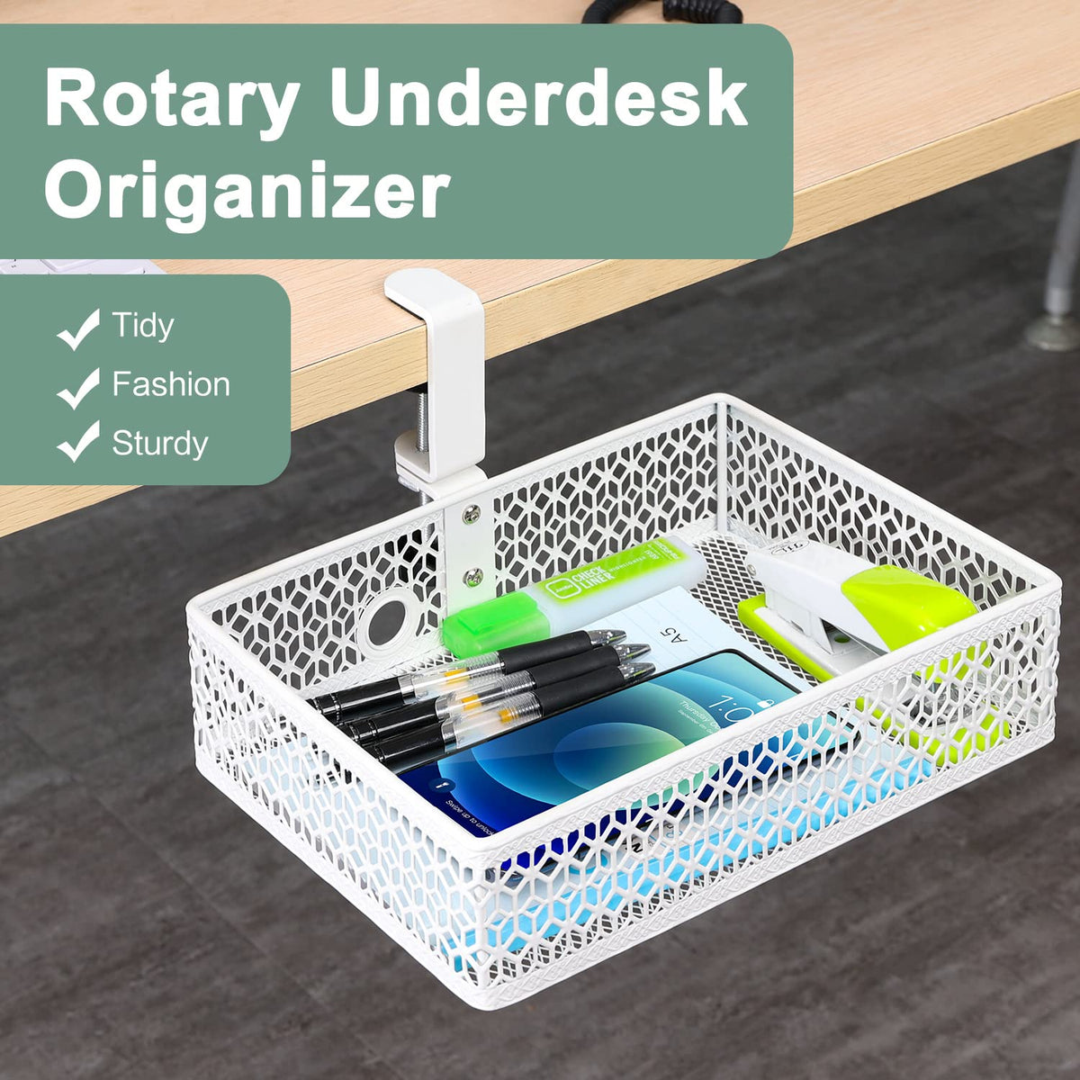 ROSYLINE Under Desk Storage Basket Hanging Drawer Tray, Clamp On Organizer