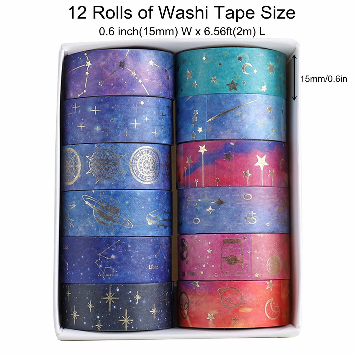 Esweny 12 Rolls Galaxy Washi Tape Set, Gold Foil Decorative Masking Tape for Scrapbooking, Journal