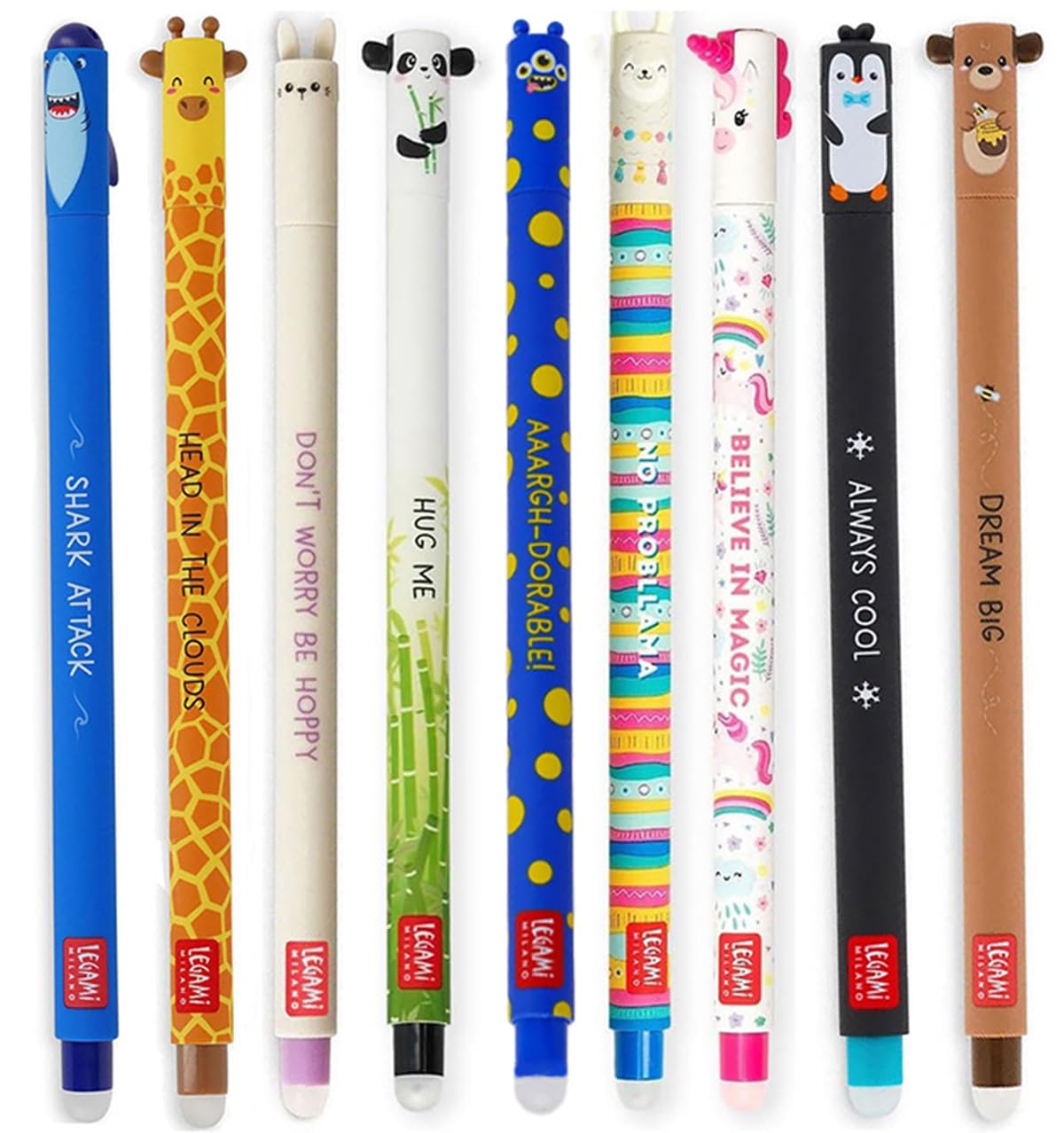 LEGAMI Set of 9 erasable gel pens with new monster pen set with shark, giraffe, bunny, panda