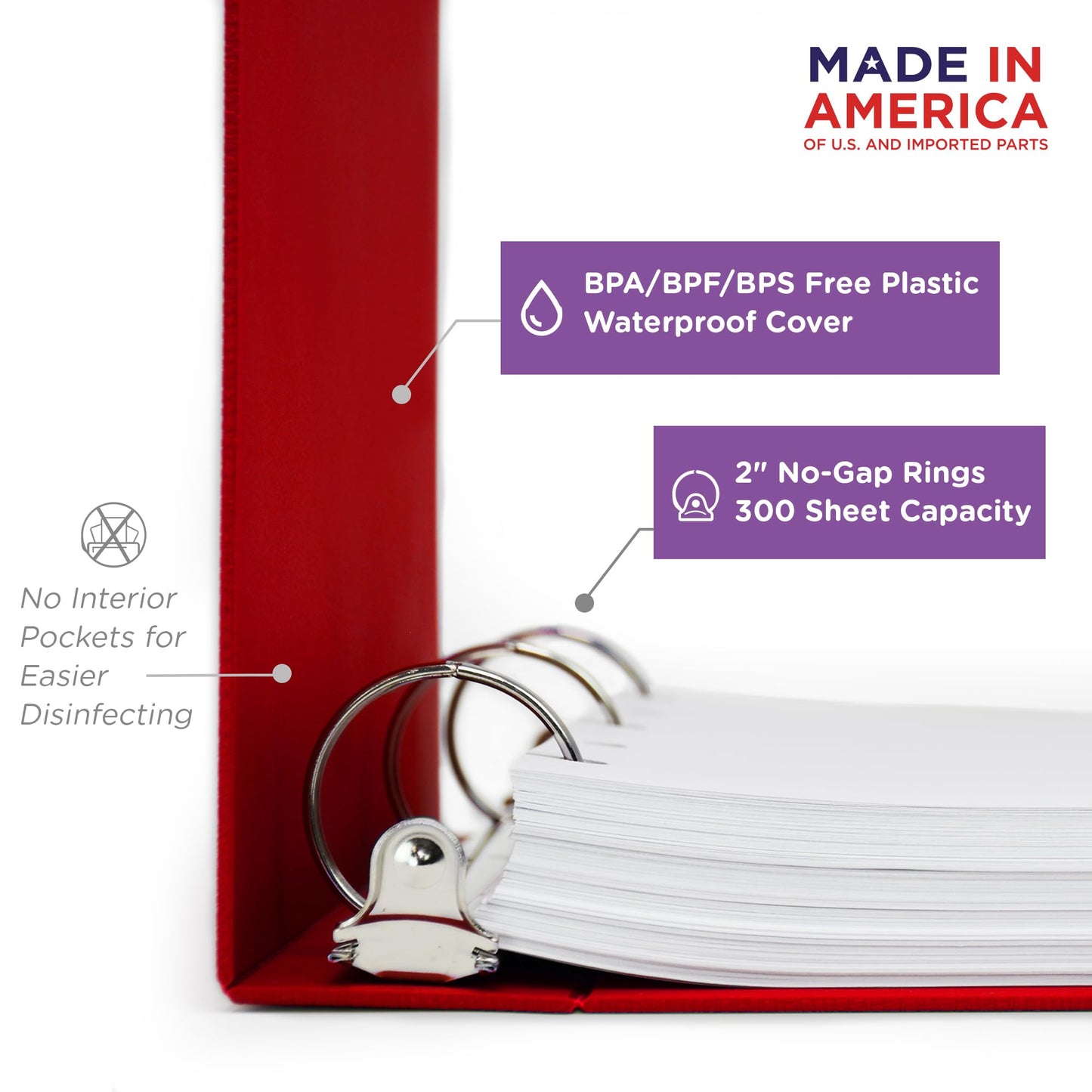 Carstens 2-Inch Heavy Duty 3-Ring Binder - Side Opening, Brick Red, Durable Plastic, Precision