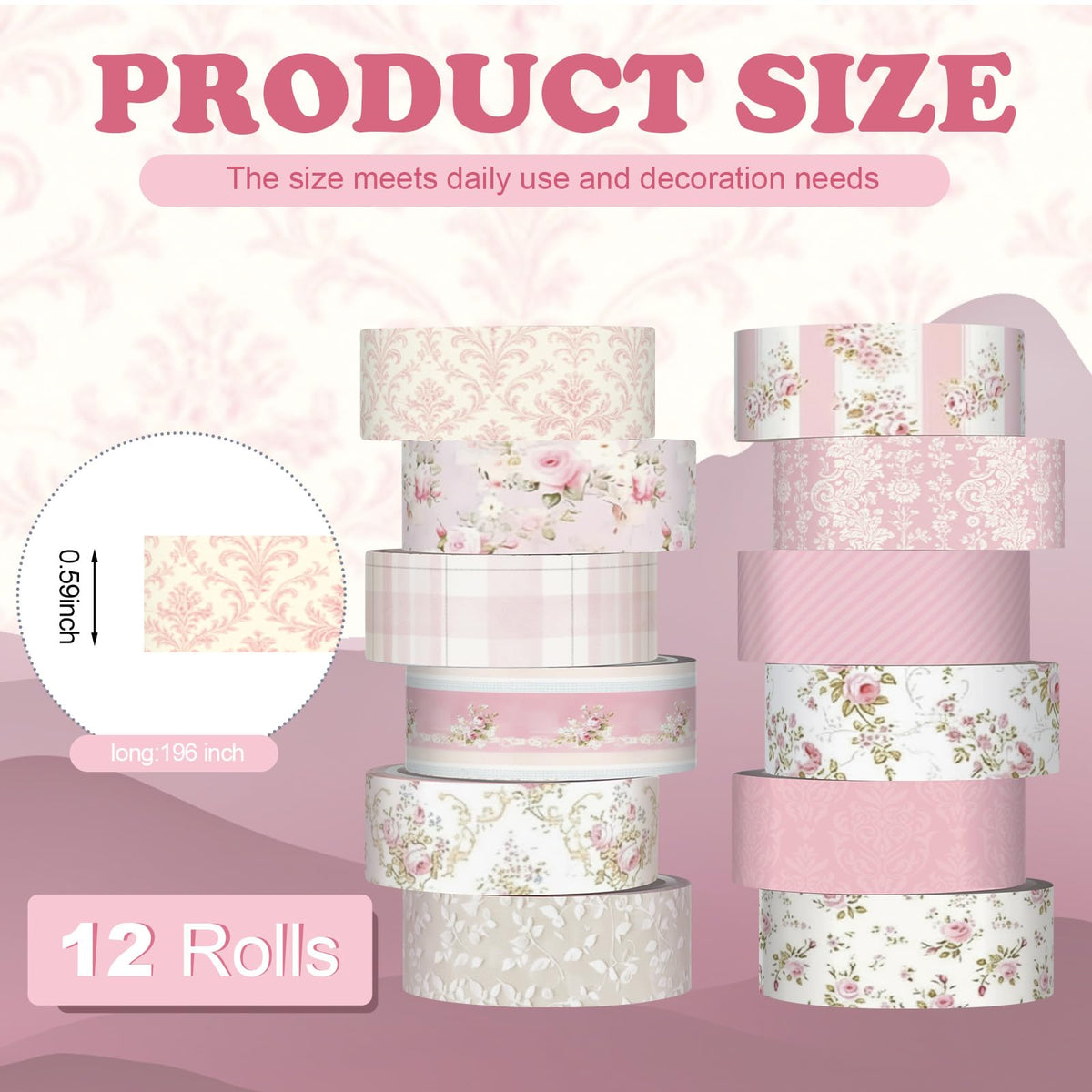 YooNotee 12 Rolls Floral Washi Tape Set,Pastel Pink,Tea Party