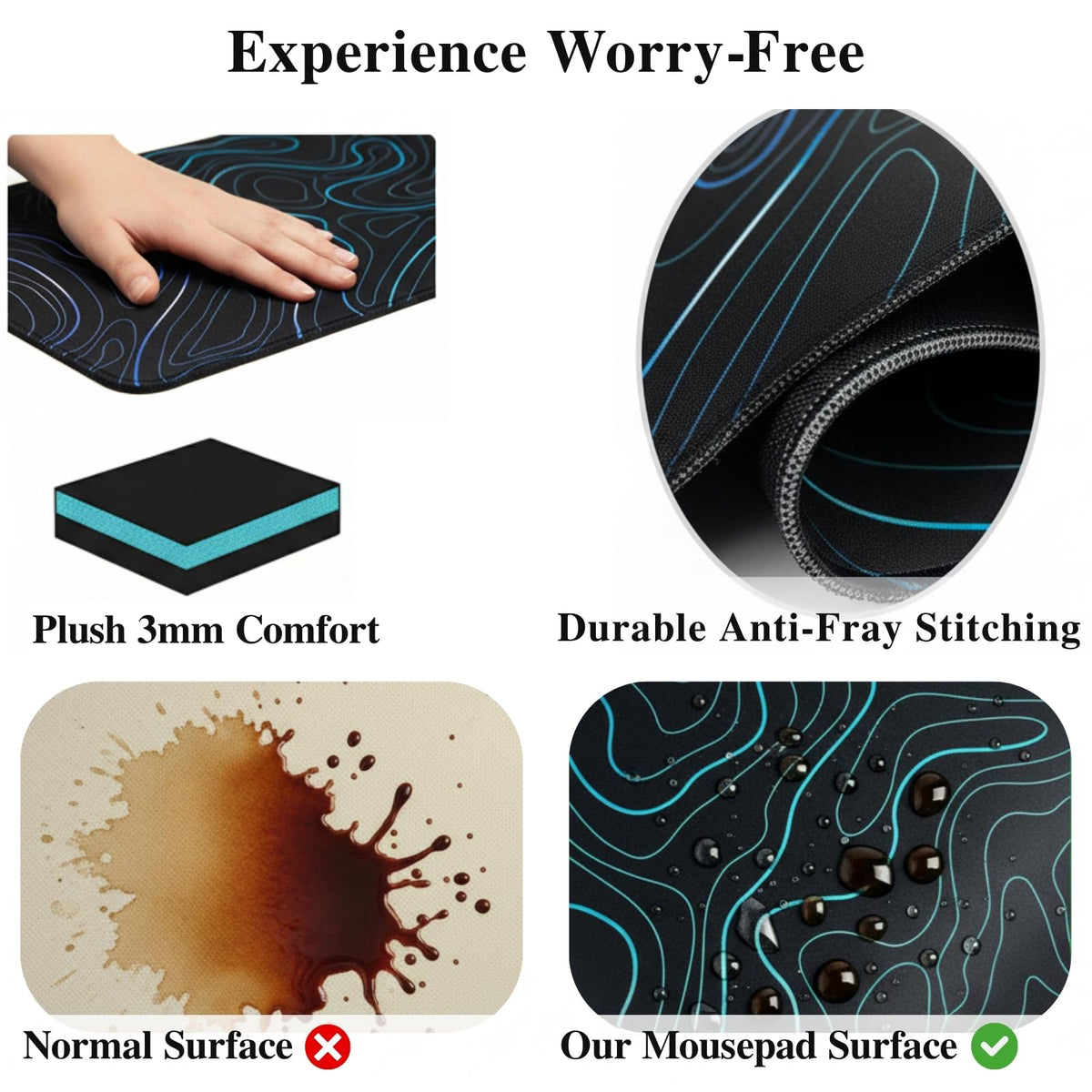 Topographic XXL Mouse Pad (47.2x23.6 Inch), Giant Gaming Desk Mat with Stitched Edges, Waterproof