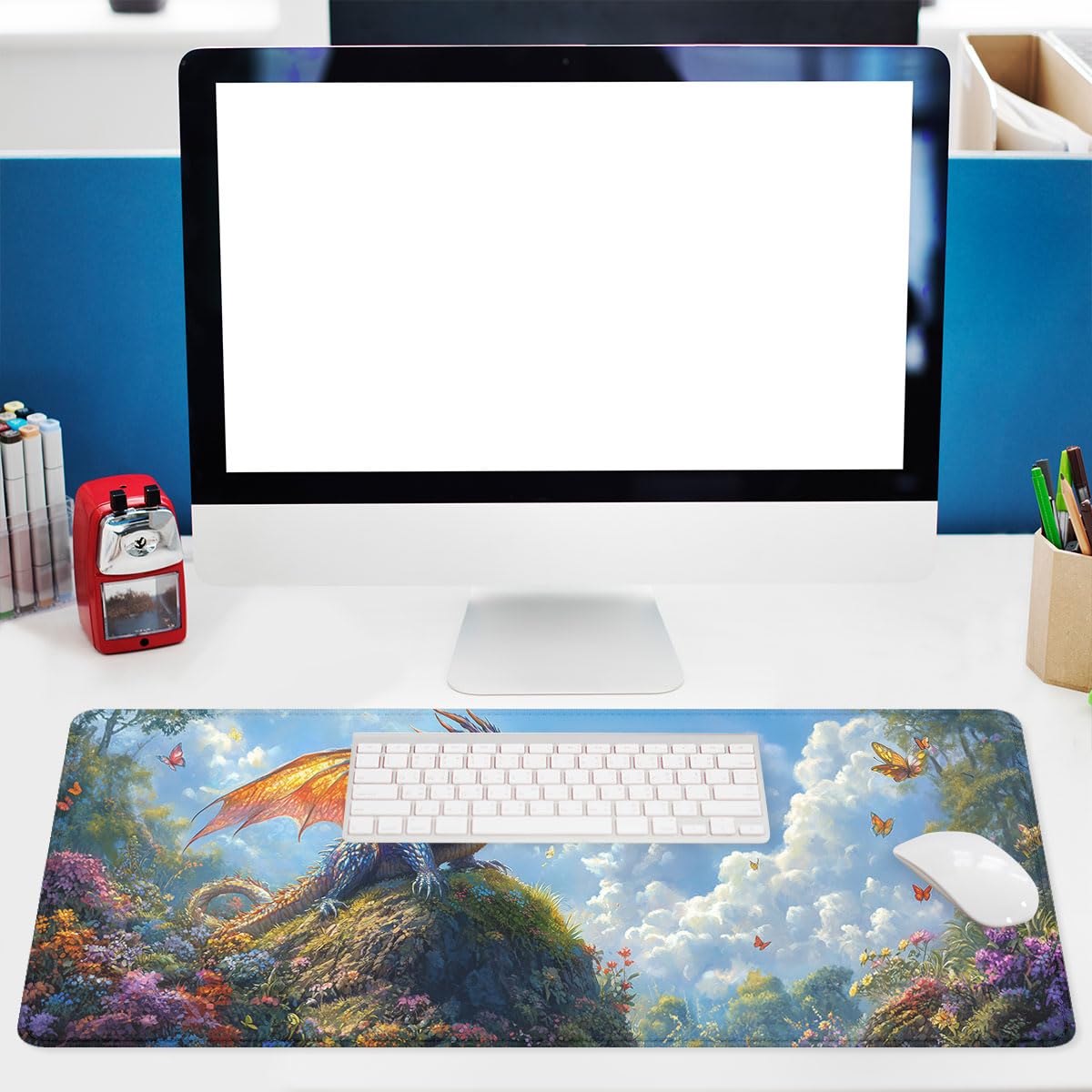 Fantasy Dragon Desk Pad Mouse Pad Forest Colorful Butterfly Flower Mousepad XL Large Gaming Mouse
