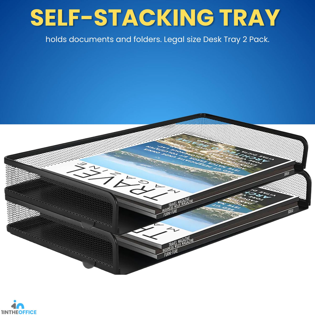 1InTheOffice Side Load Letter Tray Stackable, Black Mesh Tray Legal Size, "2 Pack"