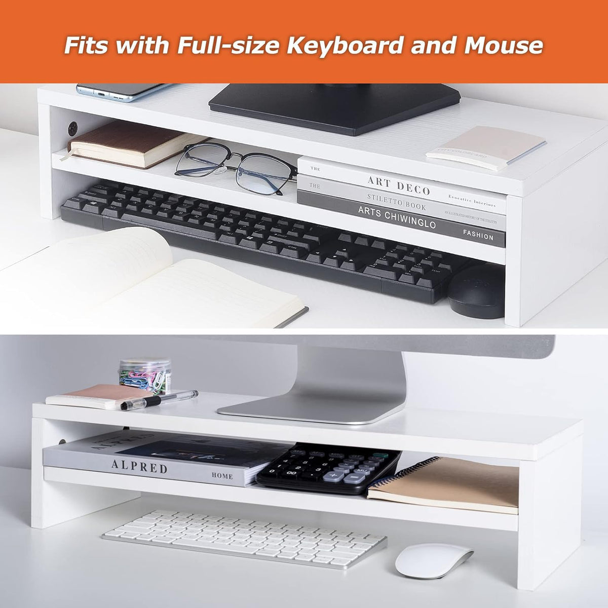 BEYGORM Monitor Stand Riser, White, 21.6 inch, 2 Tiers Wood Desk Shelf