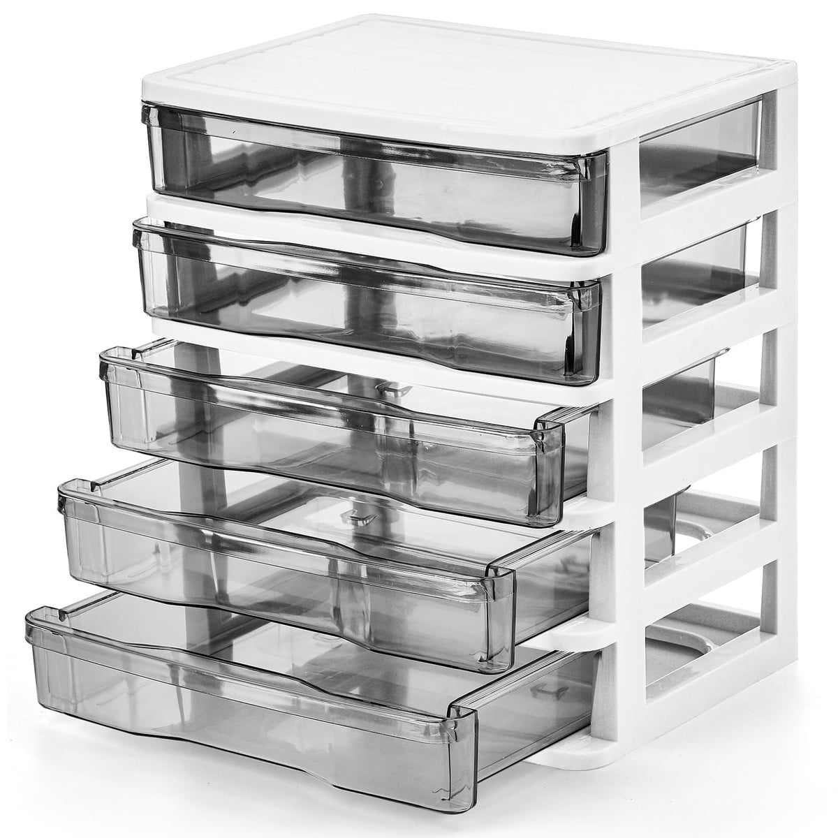 DEAYOU 5 Drawer Desktop Storage Bin Unit, Small Plastic Organizer, White Frame with Clear Drawer