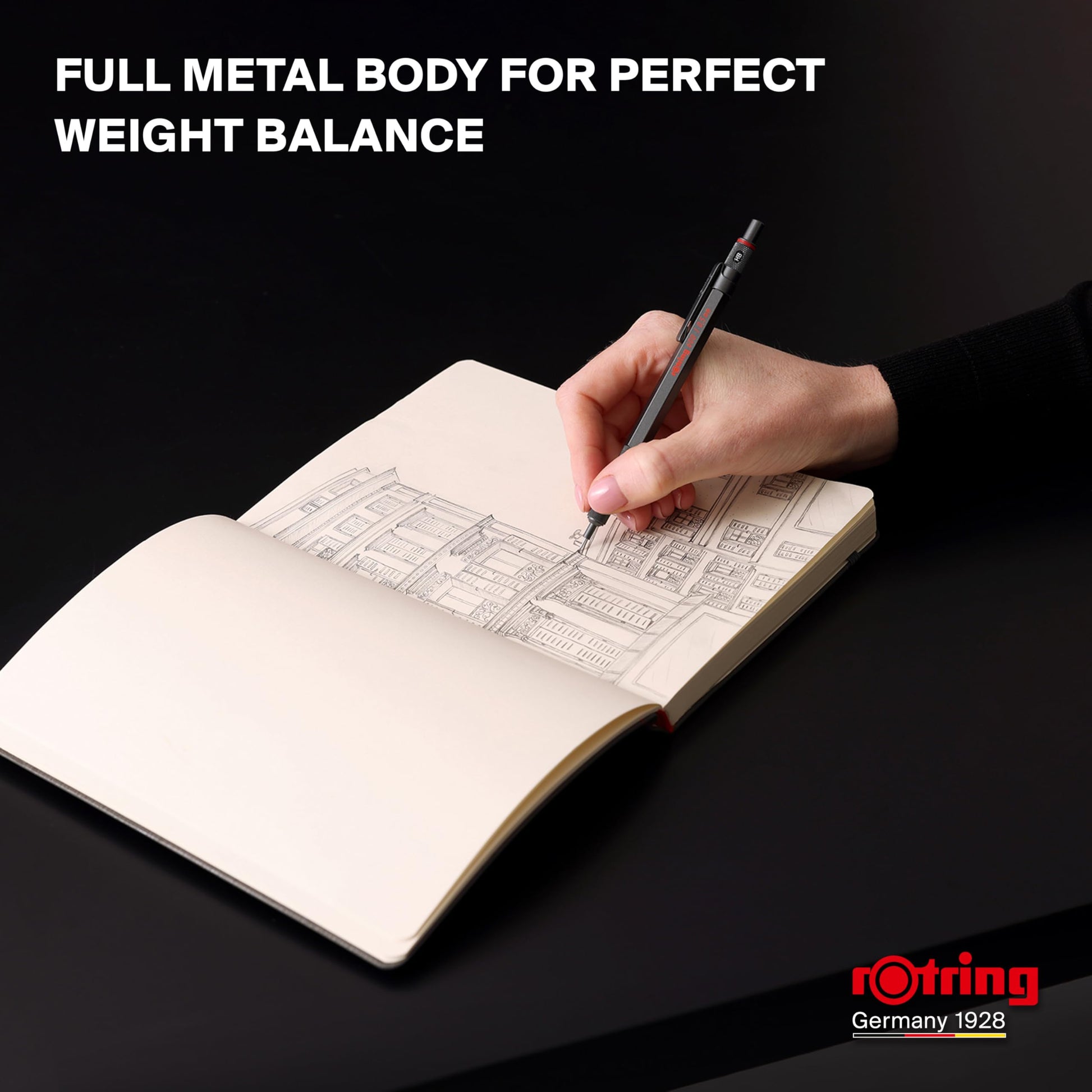 Rotring 600 Full-Metal Body 0.7mm Mechanical Pencil, Black, for Precise Ruler-Based Drawing