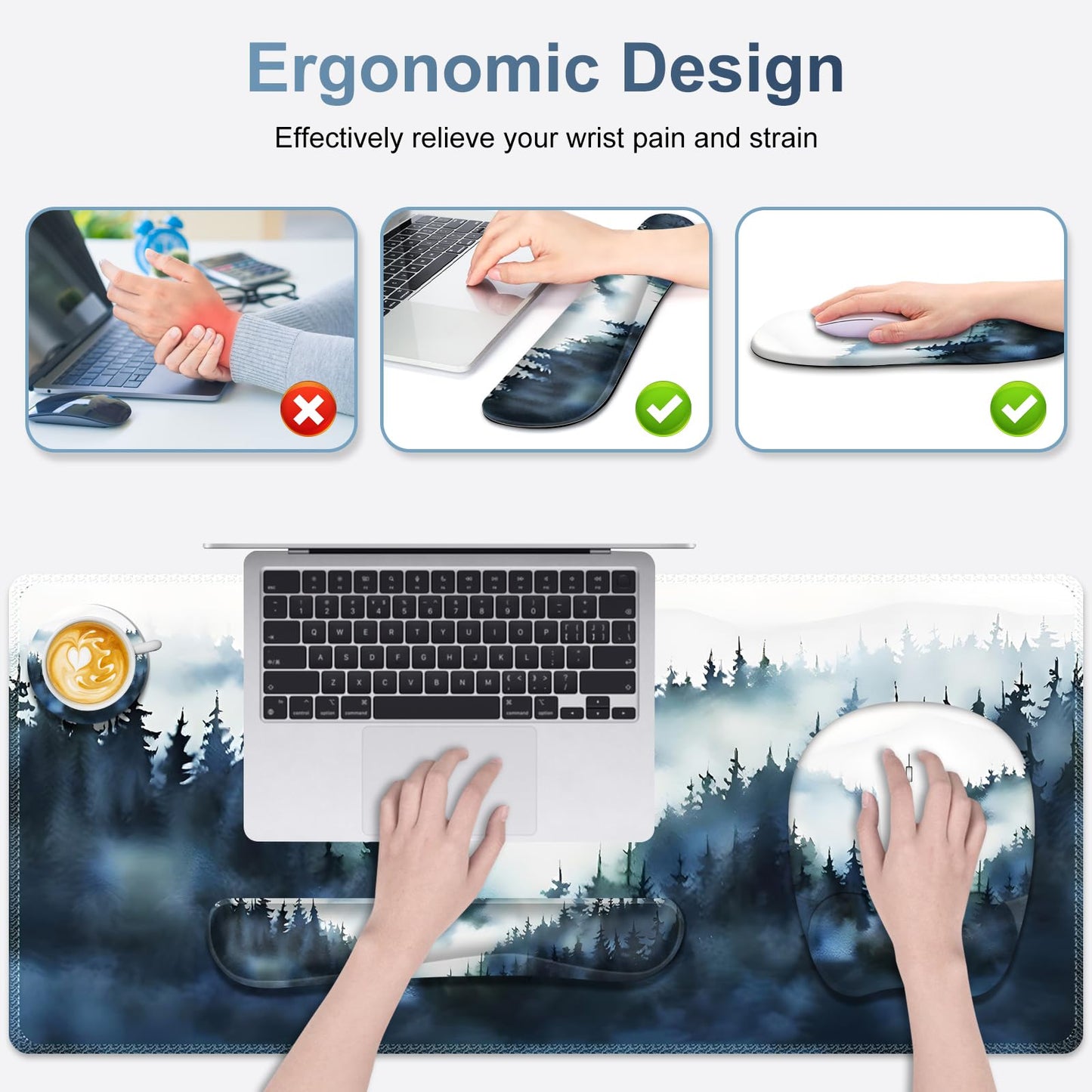 Large Mouse Pad, Keyboard Wrist Rest Set, Ergonomic Mouse Pad with Wrist Support, Desk Mat with