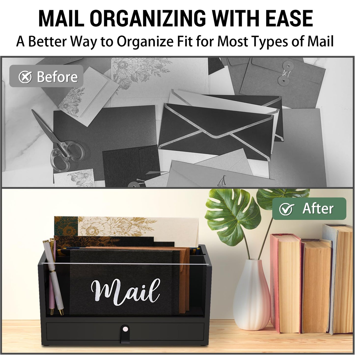 Two-Layer Solid Wooden Mail Storage Organizer Holder with Clear Acrylic Top and Bottom Drawer