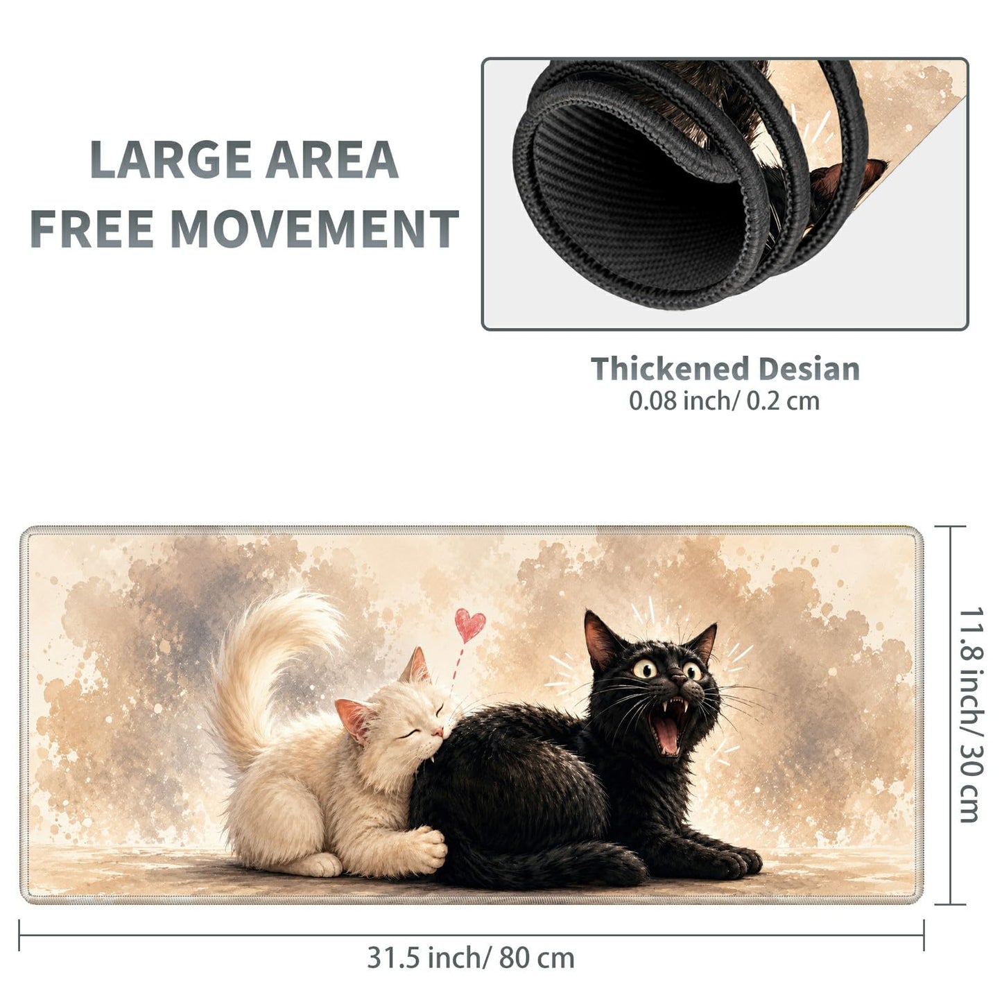 Mischievous Cat Pair Large Mouse Pad, 31.5 x 11.8 in Extended Desk Mat