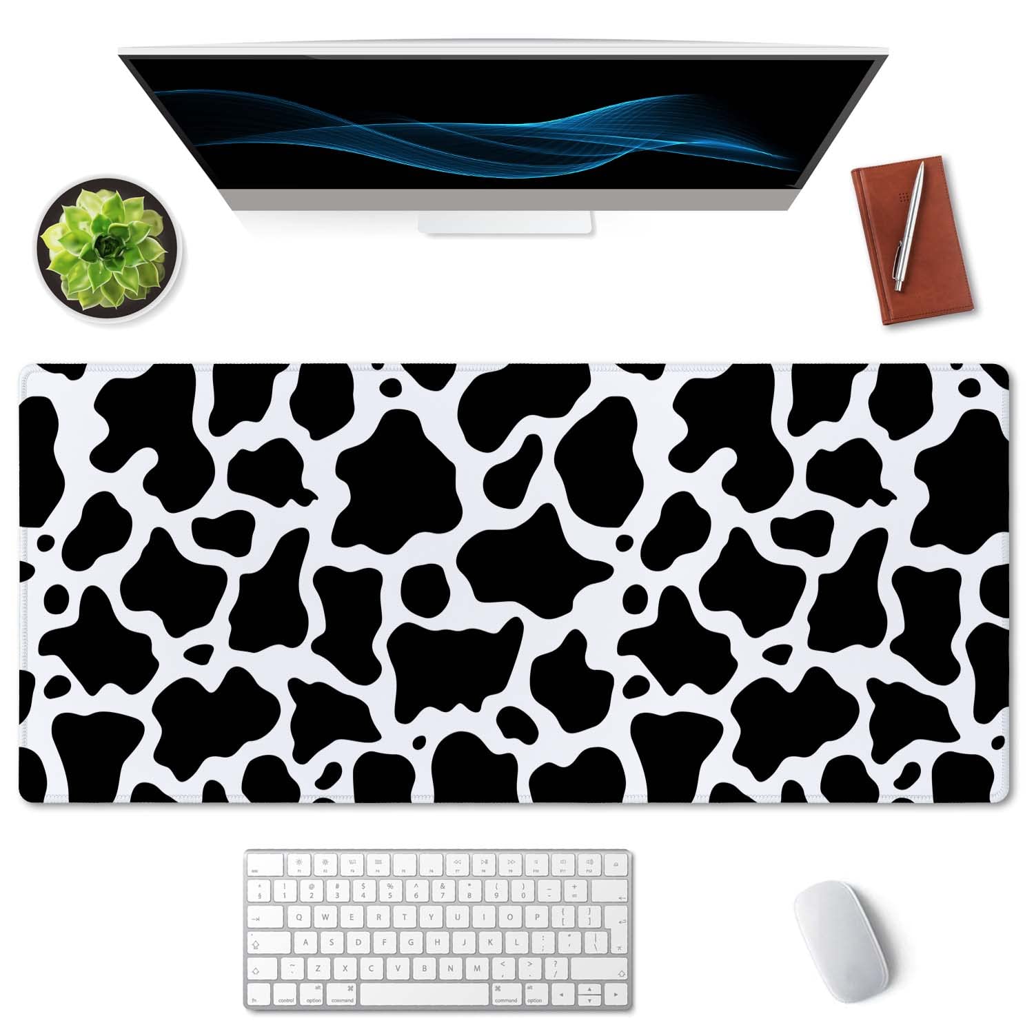 SSOIU White Black Cow Pattern Desk Pad, Personalized Desk Mat, Cow Print Desk Mat, Cute Desk Pad