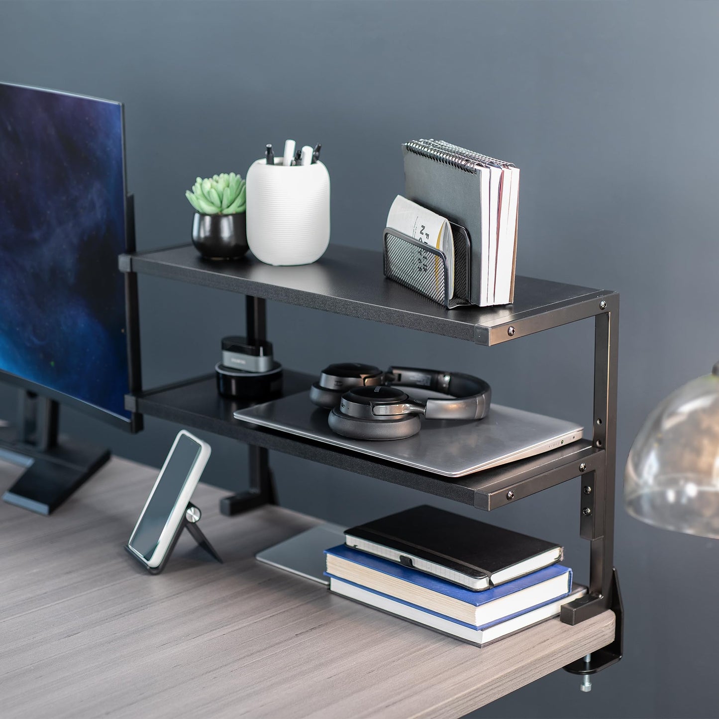 VIVO Black Clamp-on 24 inch 2-Tier Desk Shelf, STAND-SHELF24C