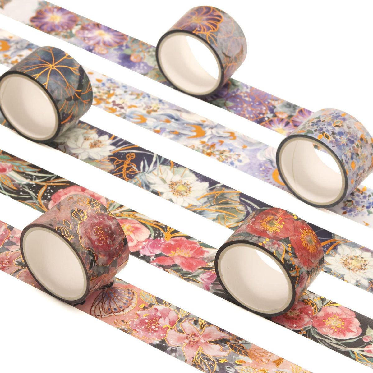 YUBBAEX Blooming Washi Tape Set Gold Foil Masking Tape Peony Wide Decorative for Arts, DIY Crafts