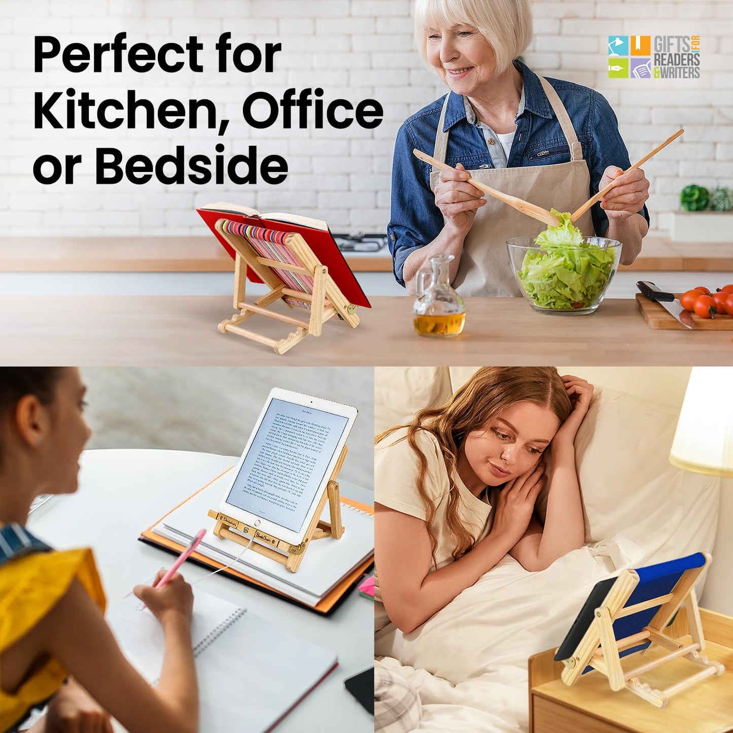 Gifts for Readers & Writers Book Stand Holders Wood Ipad Stand Blue, Stylish Wooden Book Holders