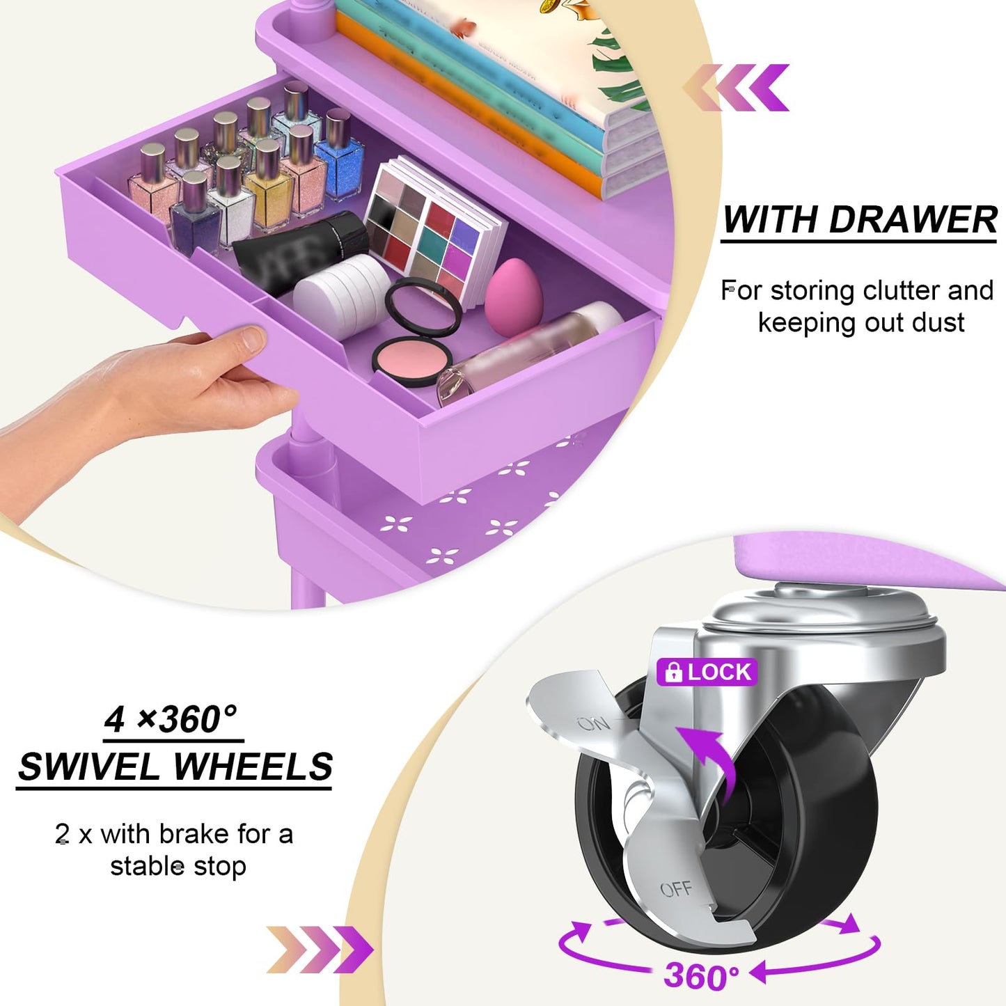 Goovilla 3 Tier Rolling Utility Cart Organizer with Removable Drawer,Purple
