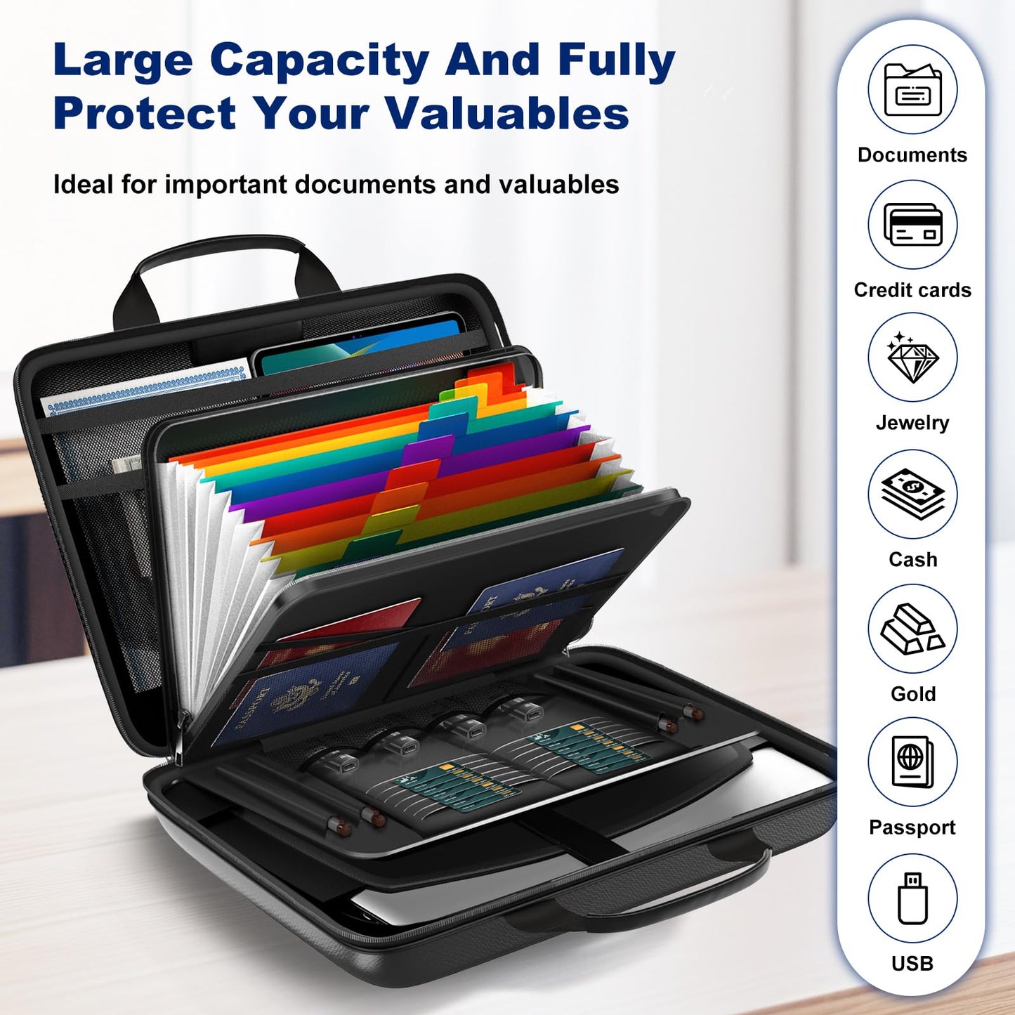 HIBWN Fireproof Document Box, Hard Case Fireproof File Organizer with Lock and 13 Pocket Accordion