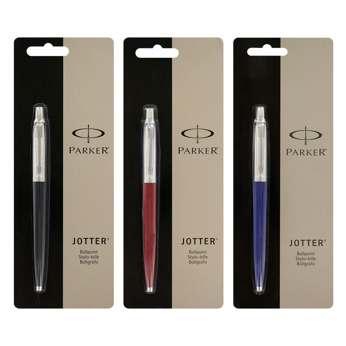 Parker Jotter 3 Colours - 1 Black + 1 Blue + 1 Red Ballpoint Pen 1.0mm, Medium Point, Black Ink