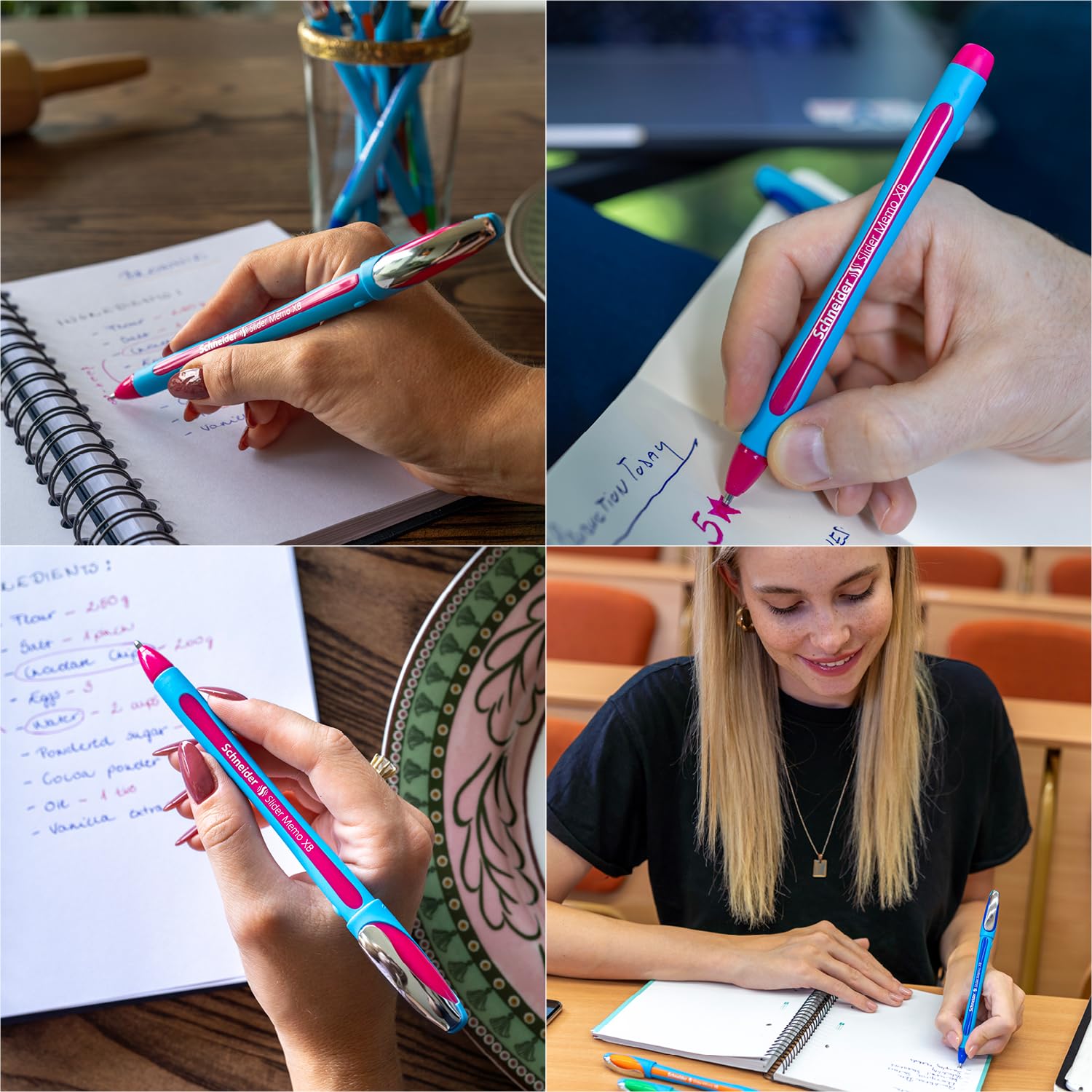 Schneider Slider Memo XB (Extra Broad) Ballpoint Pen, 1.4 mm, Light Blue Barrel, Pink Ink, Box of