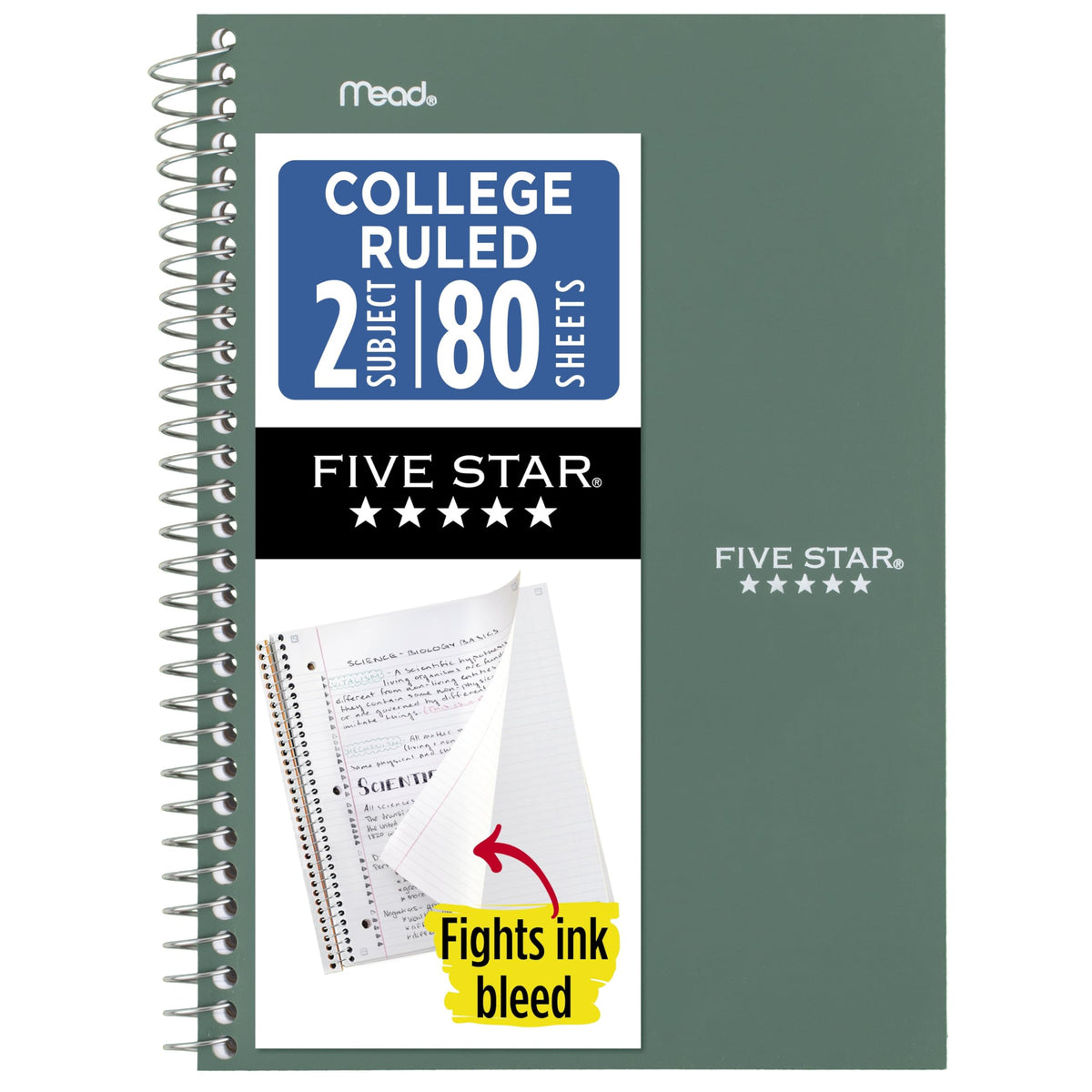 Five Star Spiral Notebook, 2 Subject, College Ruled Paper, 6" x 9-1/2", 80 Sheets, Fights Ink