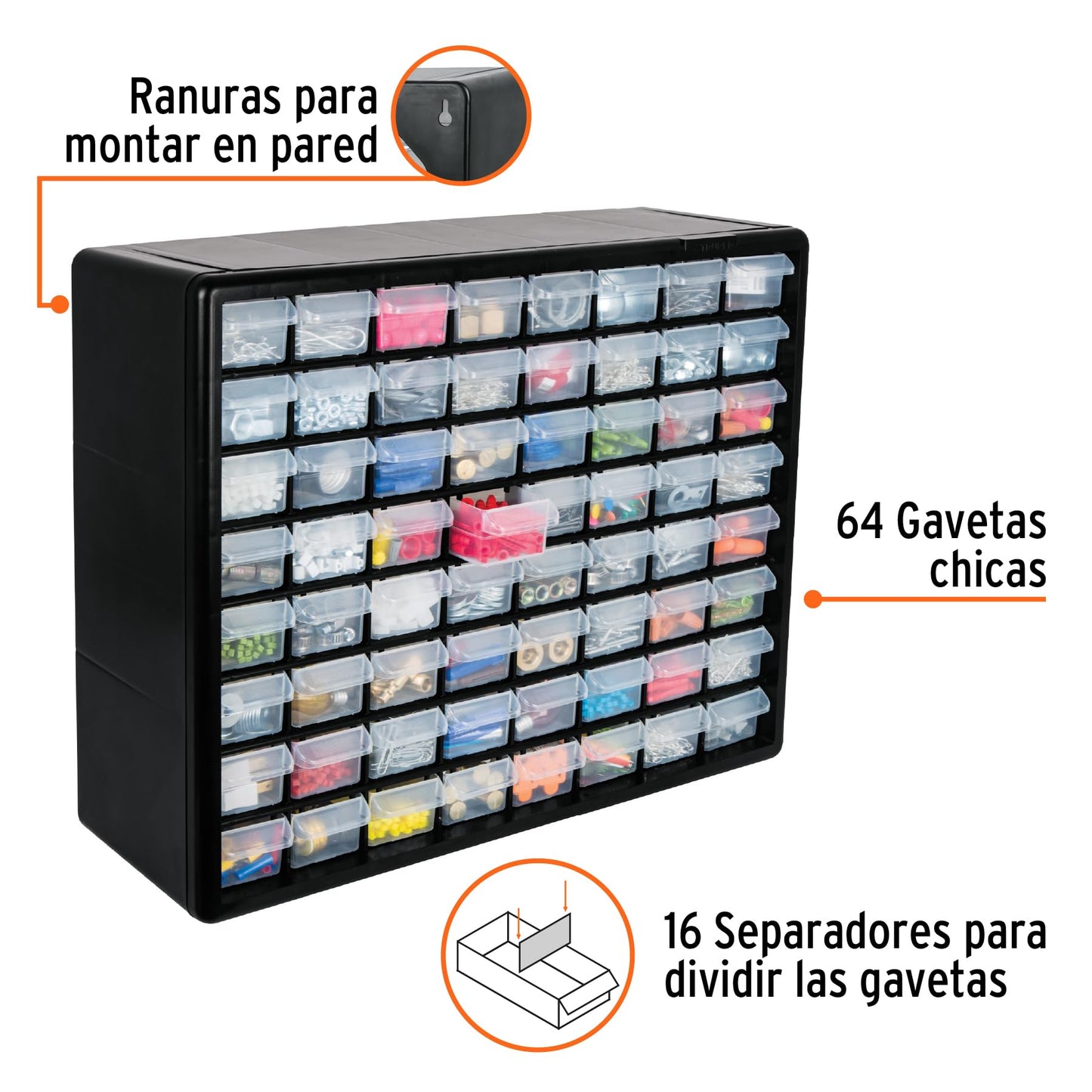 Truper Organizer 20cm x 20cm x 20cm, 64 Compartments, Black, Modern, Home Office/Office, Art &