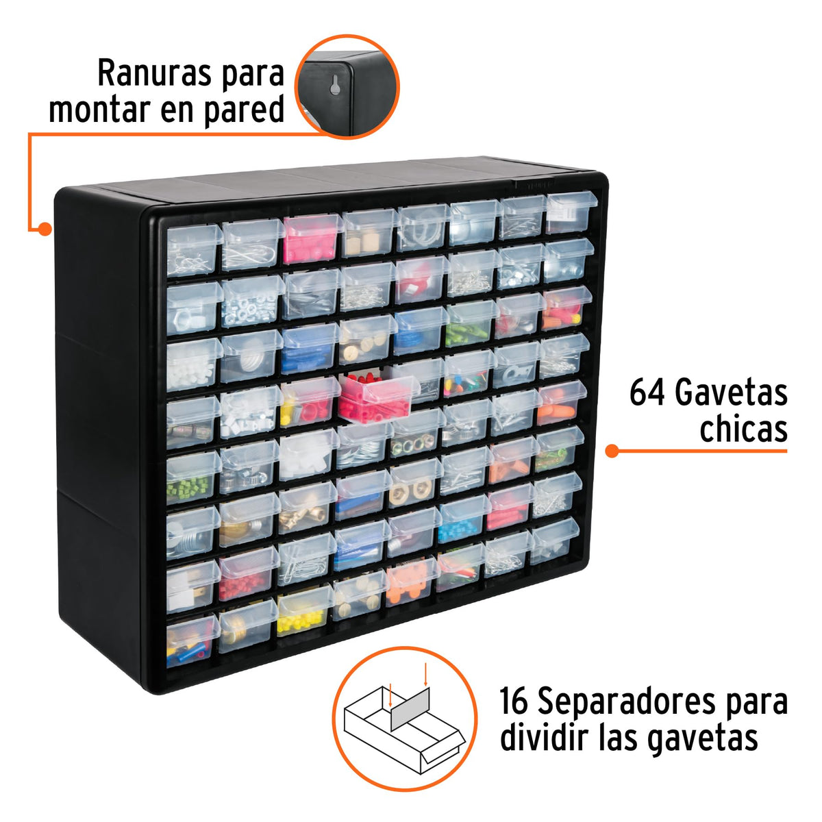 Truper Organizer 20cm x 20cm x 20cm, 64 Compartments, Black, Modern, Home Office/Office, Art &