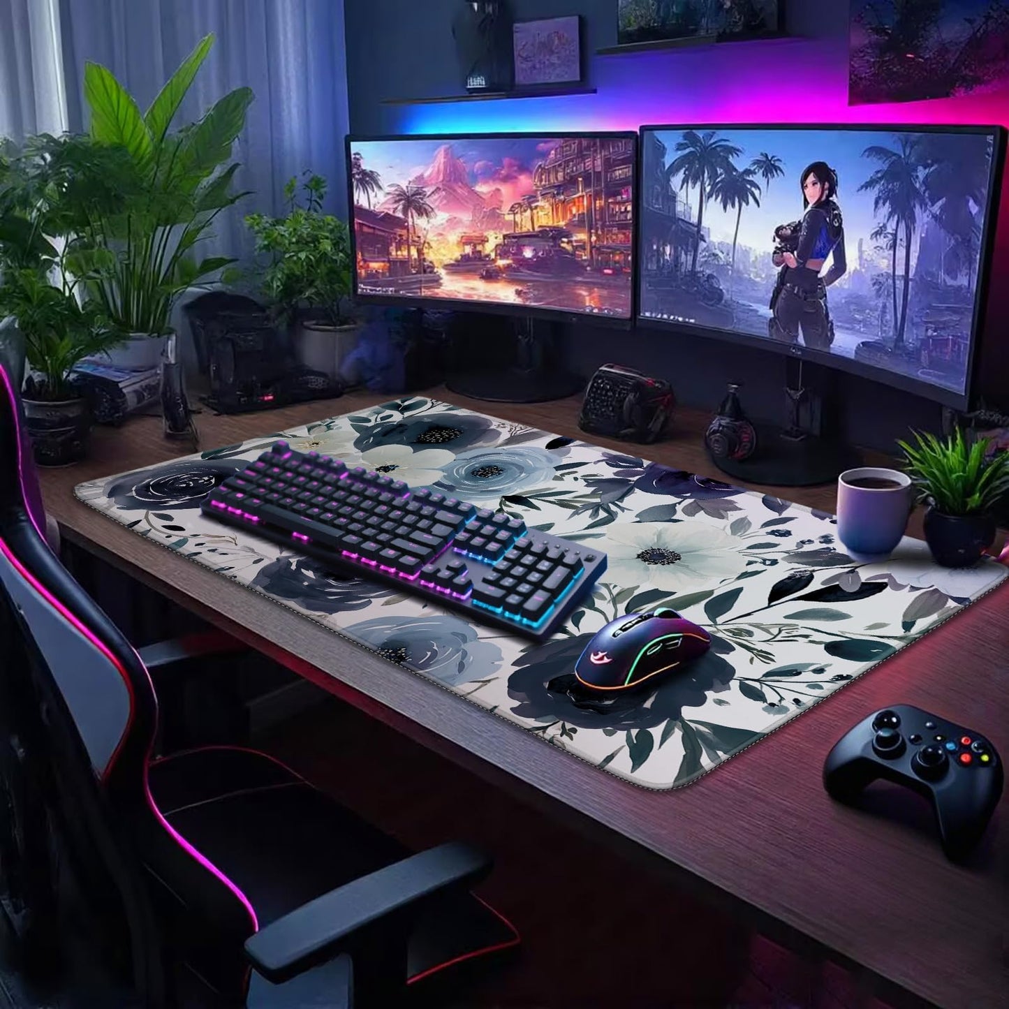Mcapirivo Navy Blue White Floral Large Gaming Mouse Pad Desk Mat 31.5x15.7