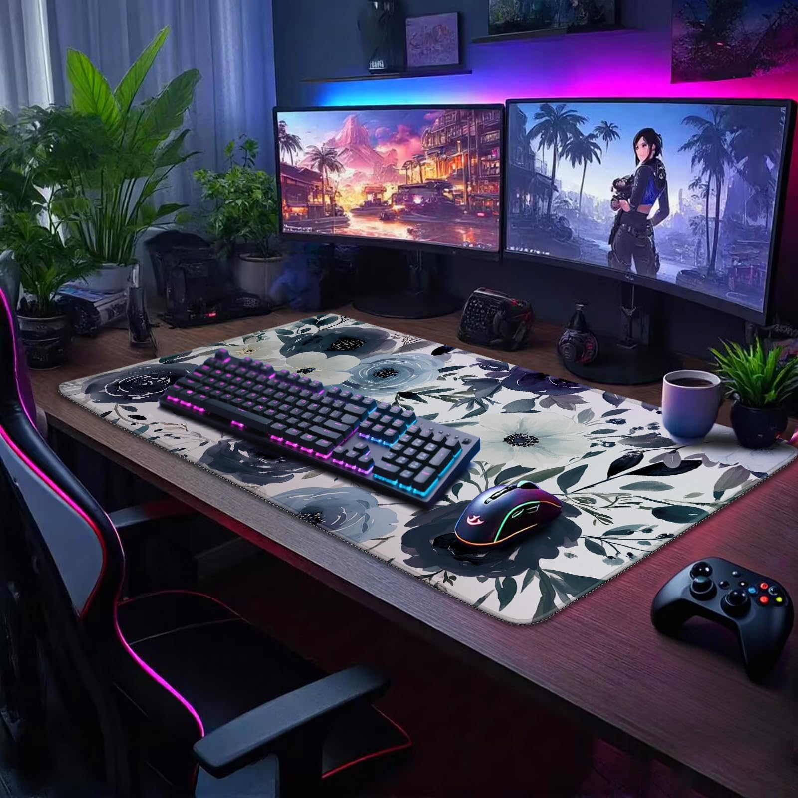 Mcapirivo Navy Blue White Floral Large Gaming Mouse Pad Desk Mat 31.5x15.7