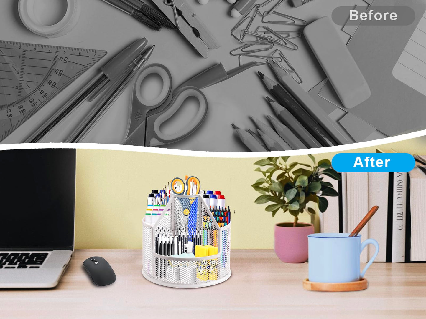 RURYEURT Sturdy Rotating Pen Holder, Cute Metal Pencil Holder, Large Mesh Pen Organizer for Desk