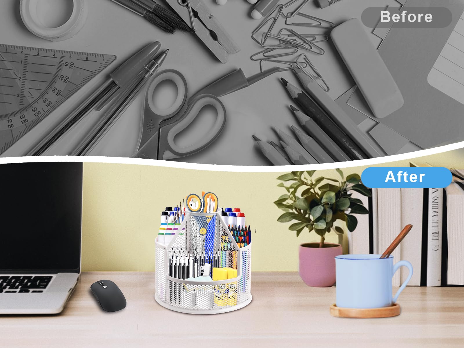 RURYEURT Sturdy Rotating Pen Holder, Cute Metal Pencil Holder, Large Mesh Pen Organizer for Desk