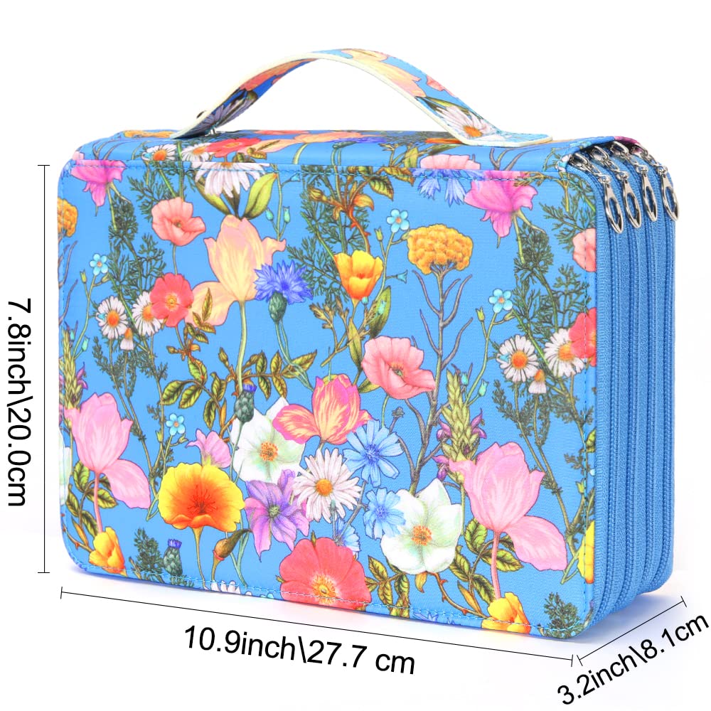 Vomgomfom 200 Slots Pencil Case 4-Layer PU Leather, Handle, Blue Flower
