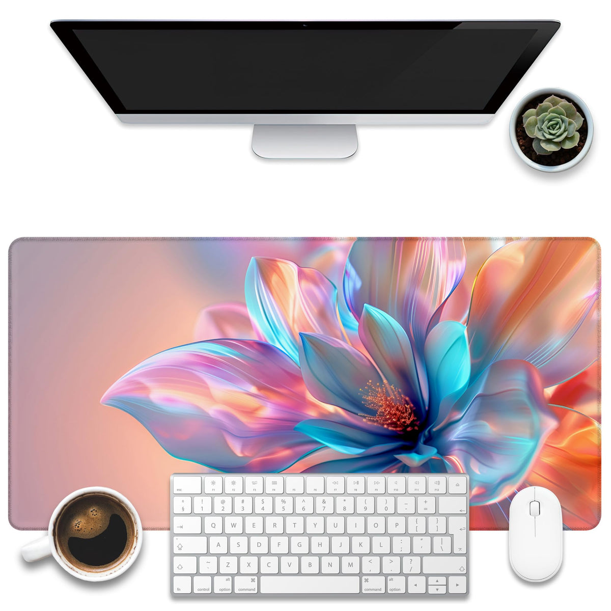 KOAIWPAE Large Gaming Mouse Pad, Elegant Luxury Colorful Flowers Desk Mat, Holographic Hues