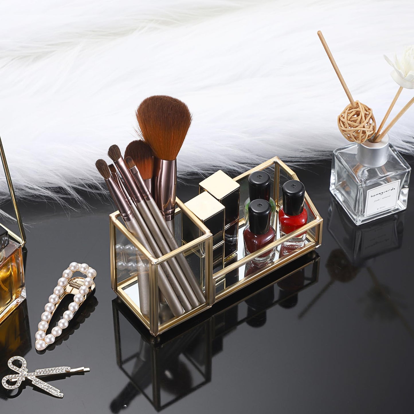 Hipiwe 2 Slots Glass Business Card Holder with Pen Pencil Cup, Gold