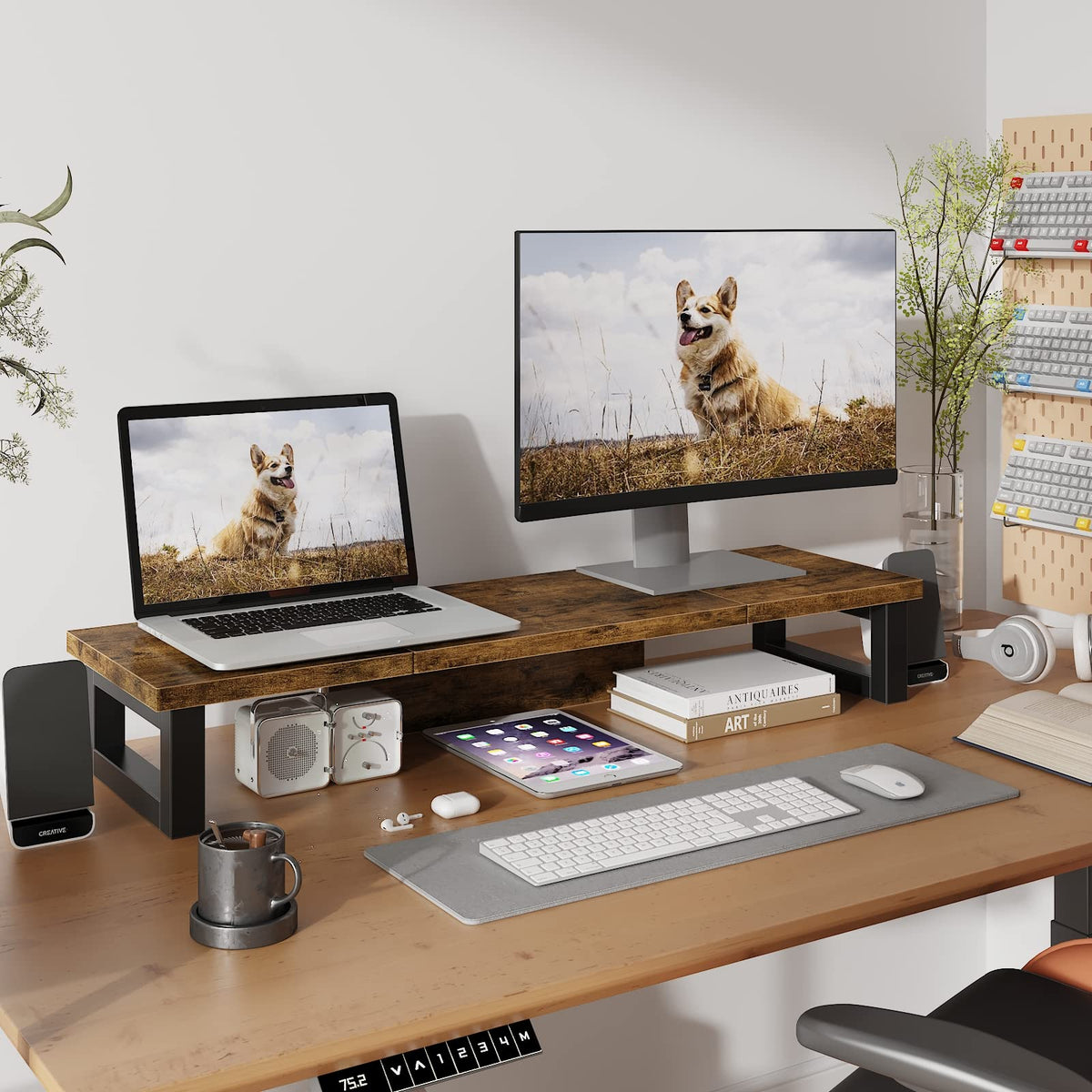 WESTREE Dual Monitor Stand Riser, Wood and Steel Monitor Stand Riser, Computer Monitor Stand for 2