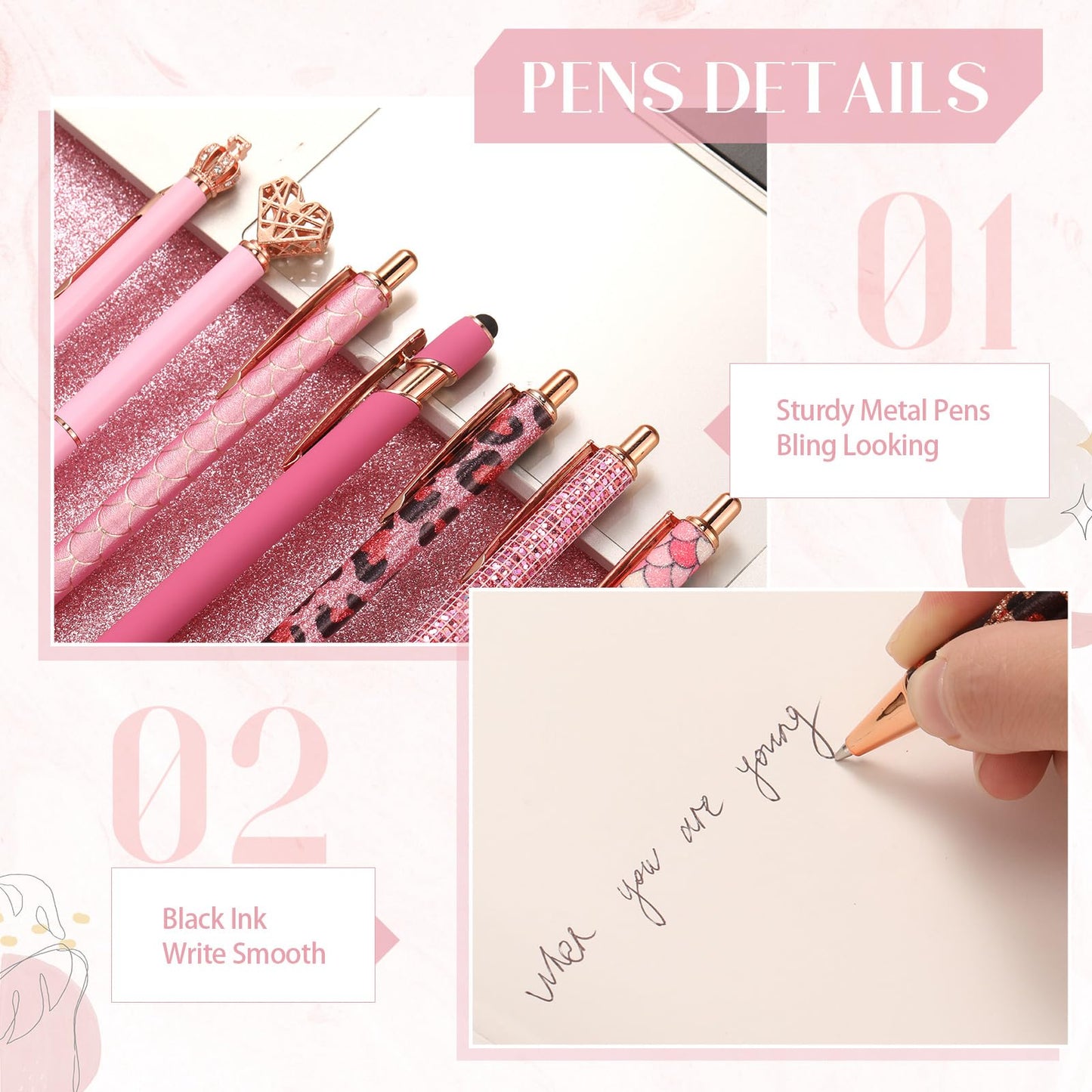 Colarr 16 Pcs Crystal Diamond Glitter Pens Fancy Ballpoint,Pink