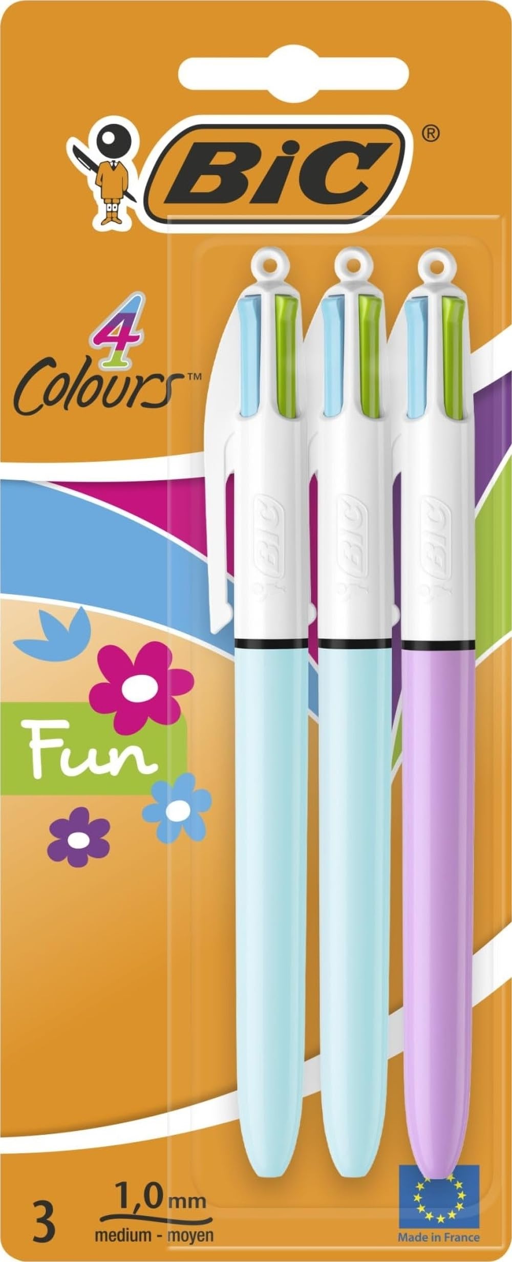 BIC 4 Colours Fun Retractable Ballpoint Pens with Four Ink Colours and Medium Point (1.0 mm), Pack