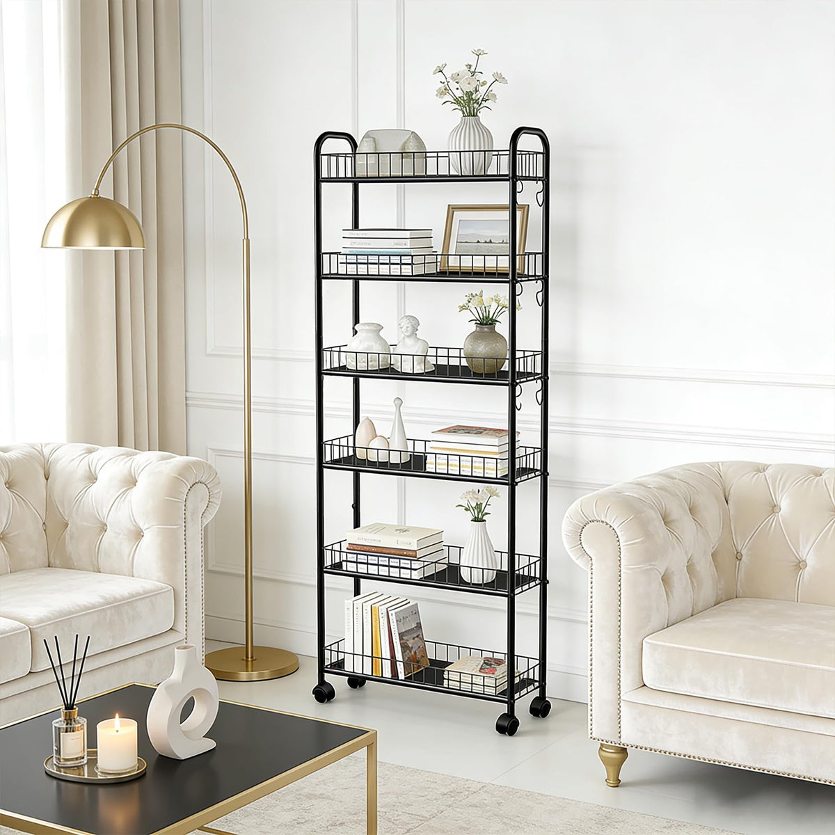 RUOZTEOO Slim Storage Cart with Wheels, Metal 6-Tier 6in Black Narrow Rolling Shelf, Sturdy Slim