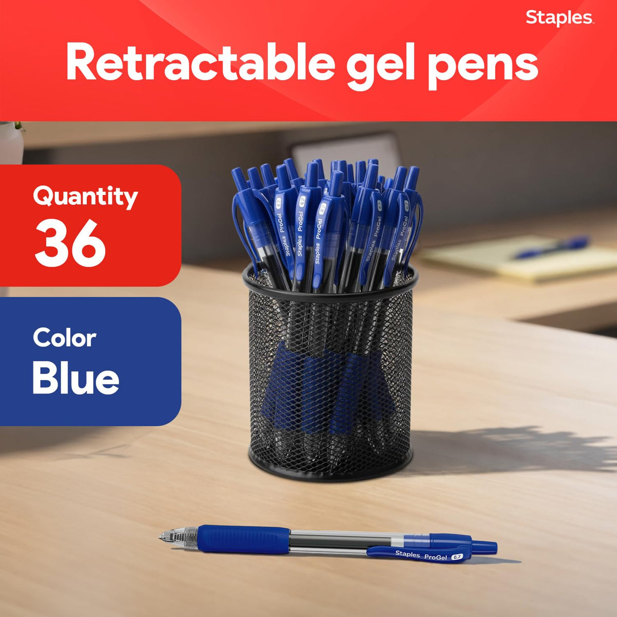 Staples ProGel Retractable Gel Pens, Fine 0.7mm, Blue Ink, 36-Pk