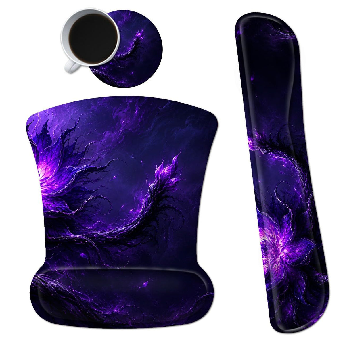 3-in-1 Ergonomic Memory Foam Keyboard Wrist Rest Pad Set, Purple Magic Flower