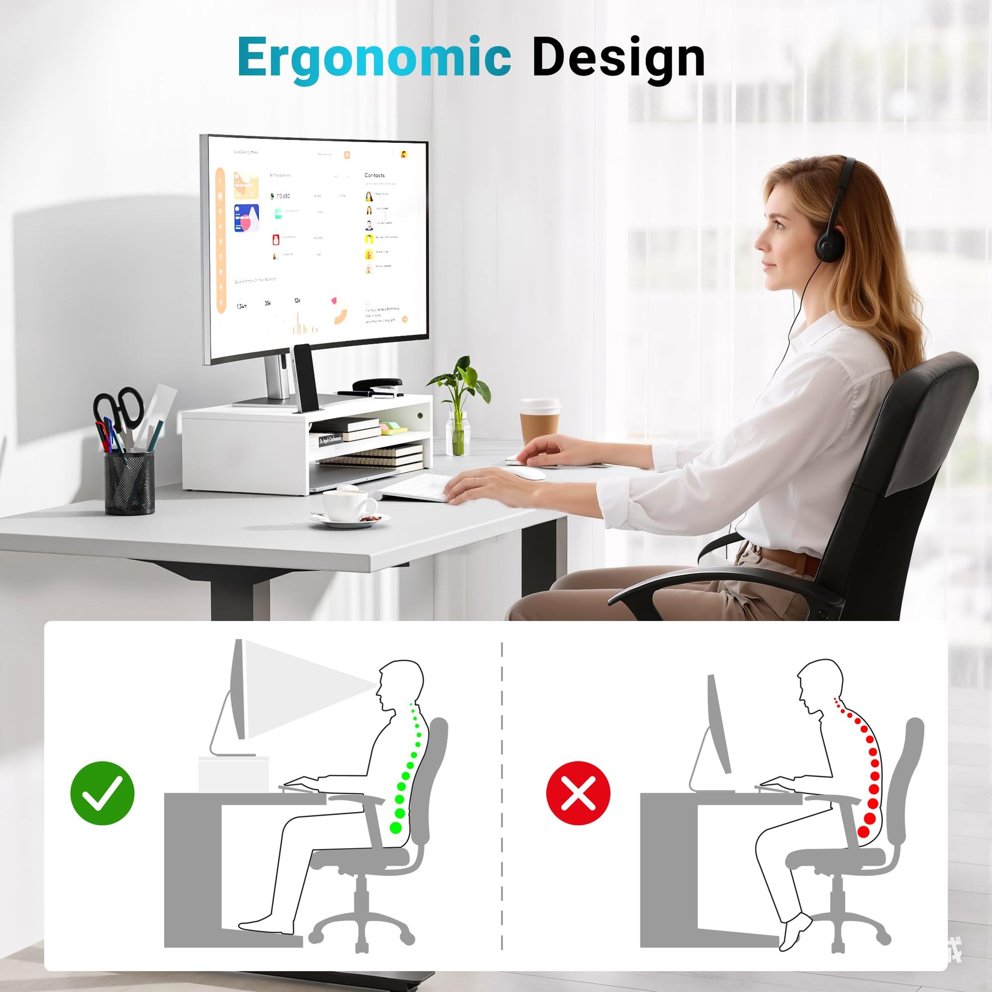 BONTEC Wood Monitor Stand Riser, 2-Tier Desktop Organizer
