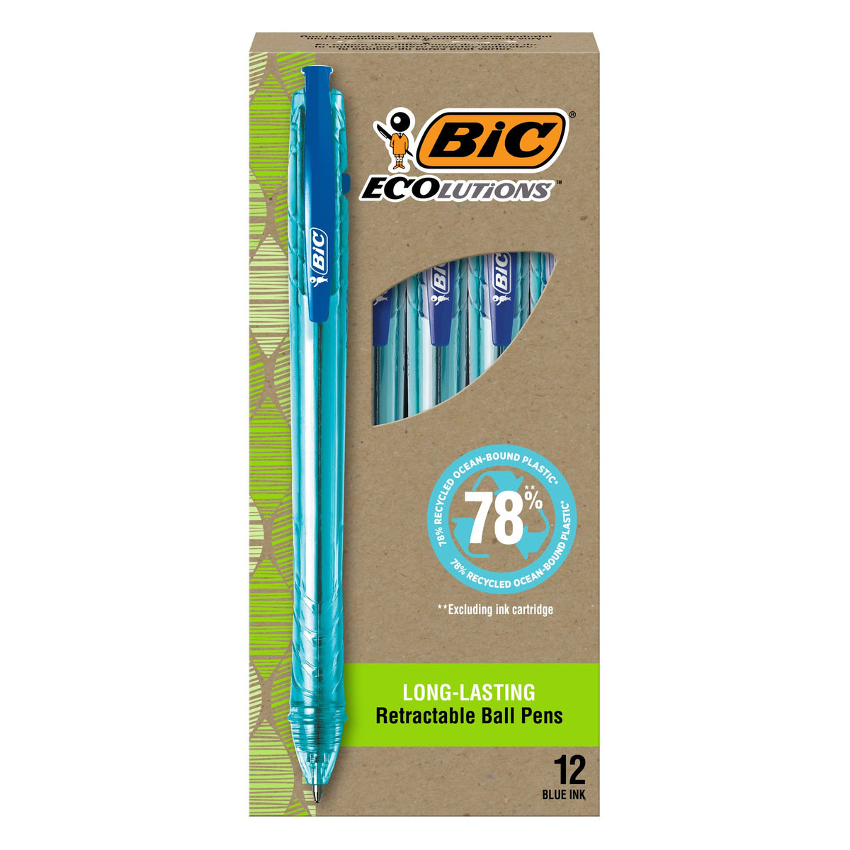 BIC Ecolutions Ocean-Bound Ball Pens, Medium Point (1.0mm), 12-Count Pack, Blue Ink Pens Made from