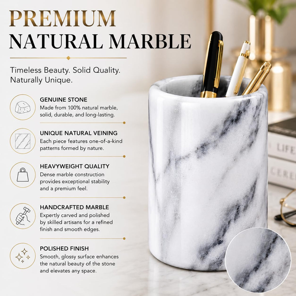 Creative Home White Marble Pen Holder, Heavy Stone Pencil Cup Organizer for Desk