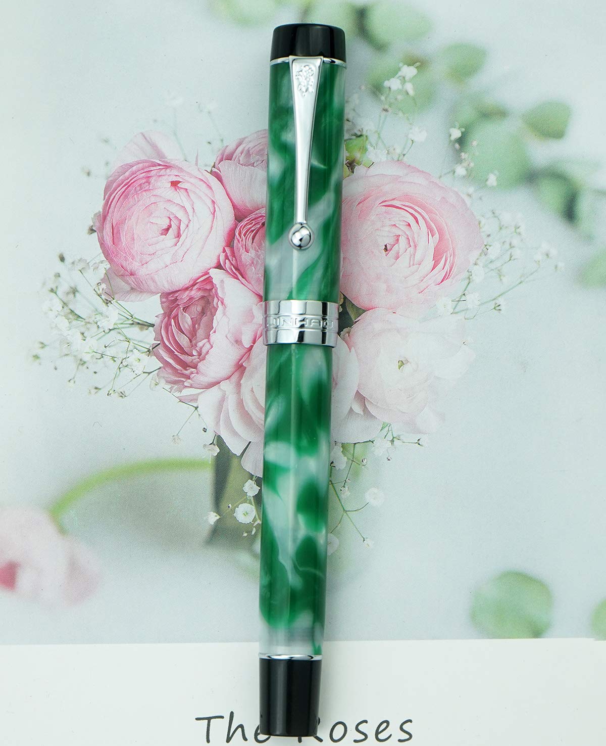 Jinhao 100 Classic Fountain Pen Green White Marble Celluloid, Extra Fine Nib with Converter and Pen
