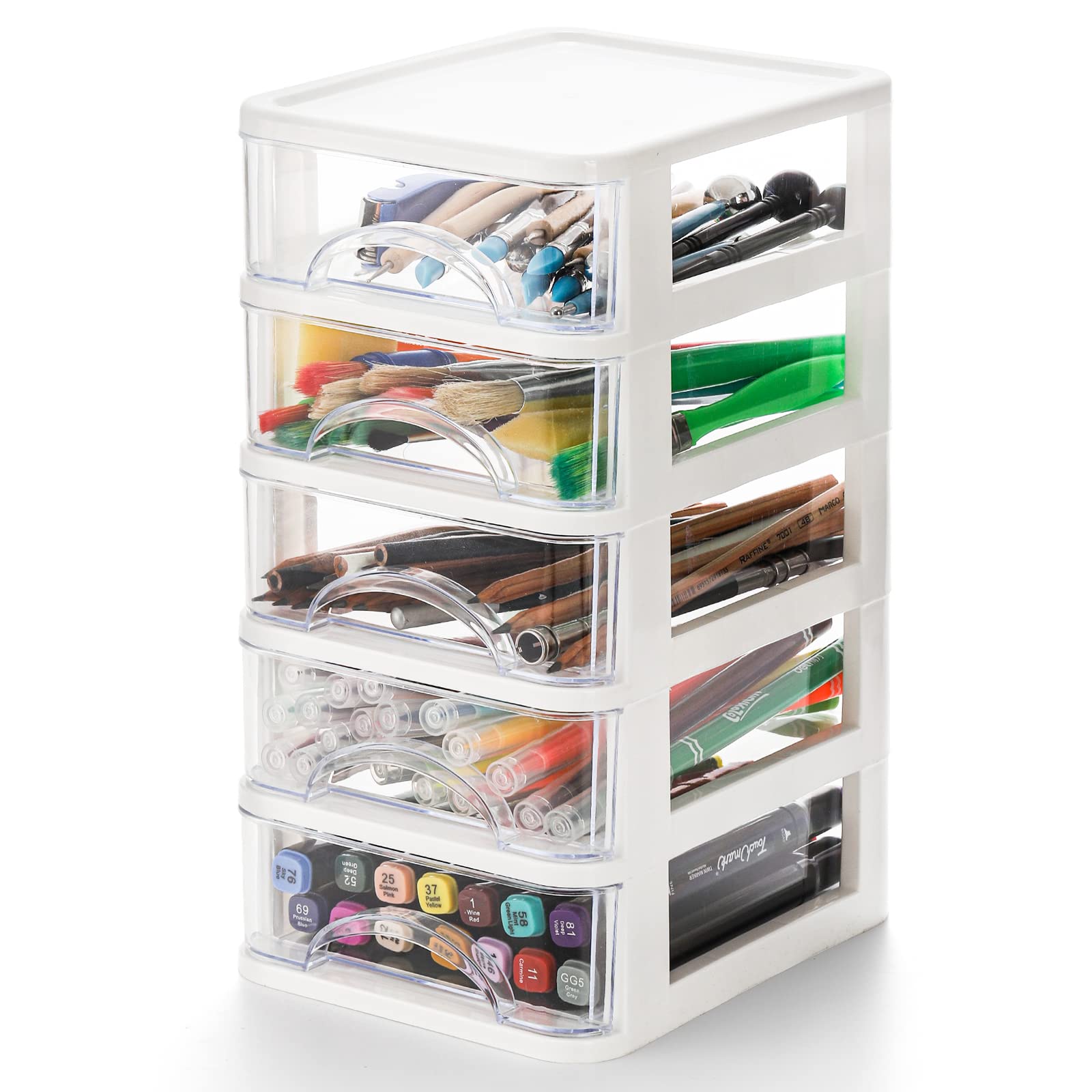 Hedume Desktop Drawer, Clear 5 Drawer Desktop Storage Unit, White Frame with Clear Drawers, Drawer