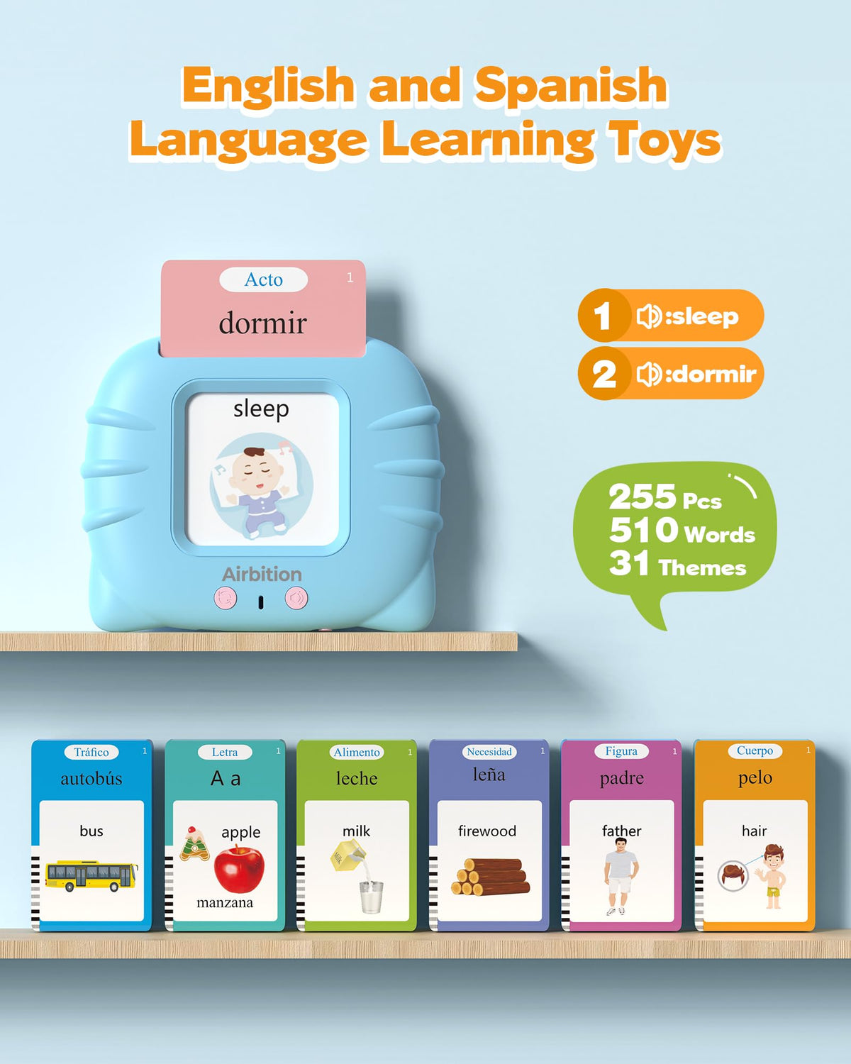 Airbition Bilingual Talking Flash Cards, 510 Words Spanish and English Blue