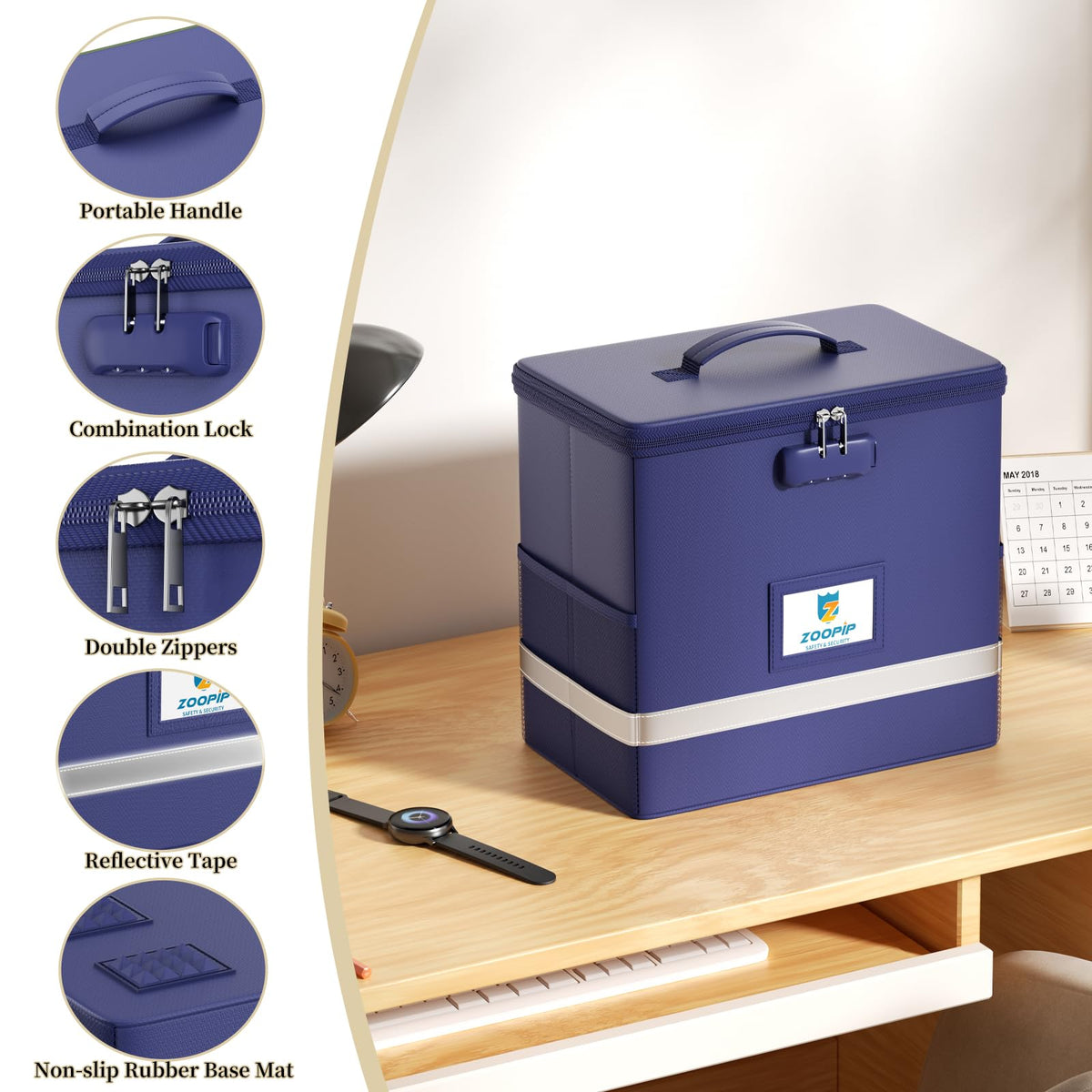 ZOOPIP Fireproof File Box with Lock, Collapsible Document Organizer, Blue