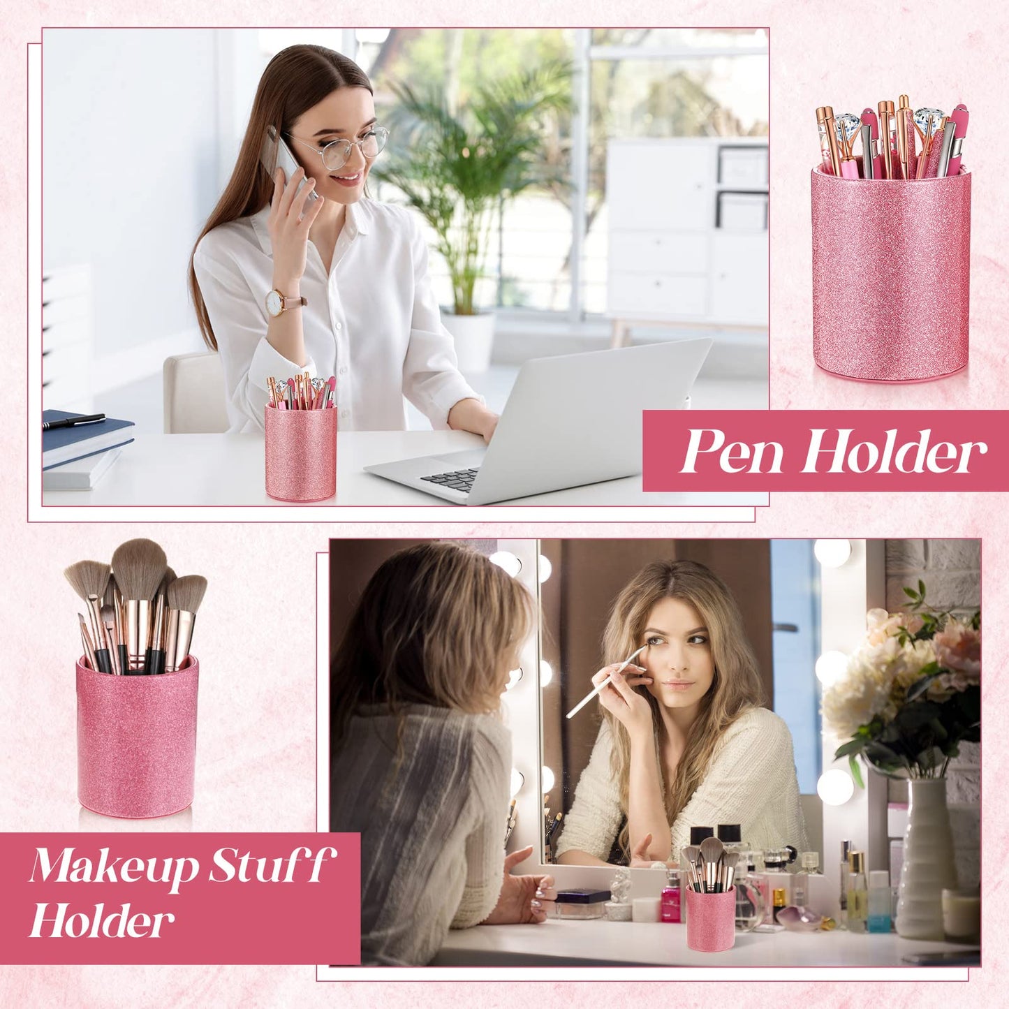 Sabary 8 Pcs Hot Pink Diamond Pens with Glitter Desk Pen Holder for Women