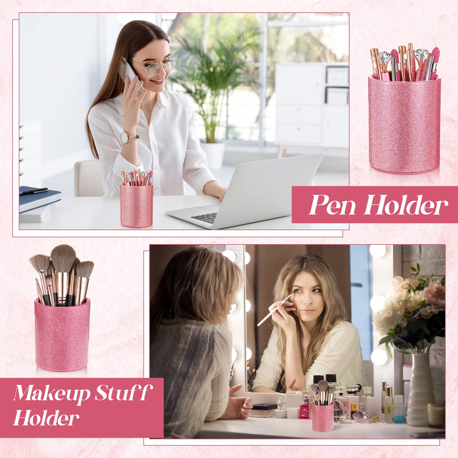 Sabary 8 Pcs Hot Pink Diamond Pens with Glitter Desk Pen Holder for Women