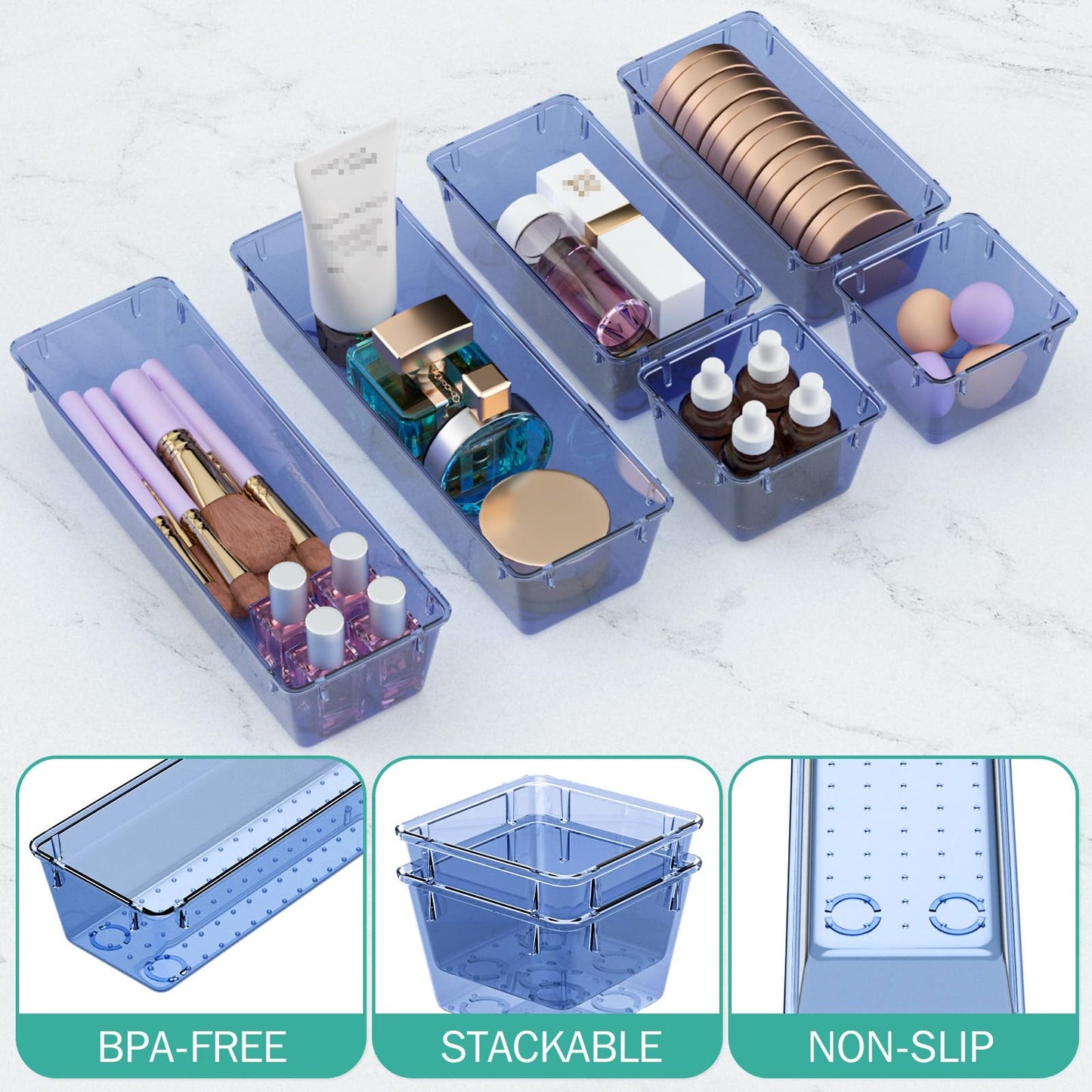 6 Pack Clear Drawer Organizer Set, Drawer Storage Trays, Storage Bins